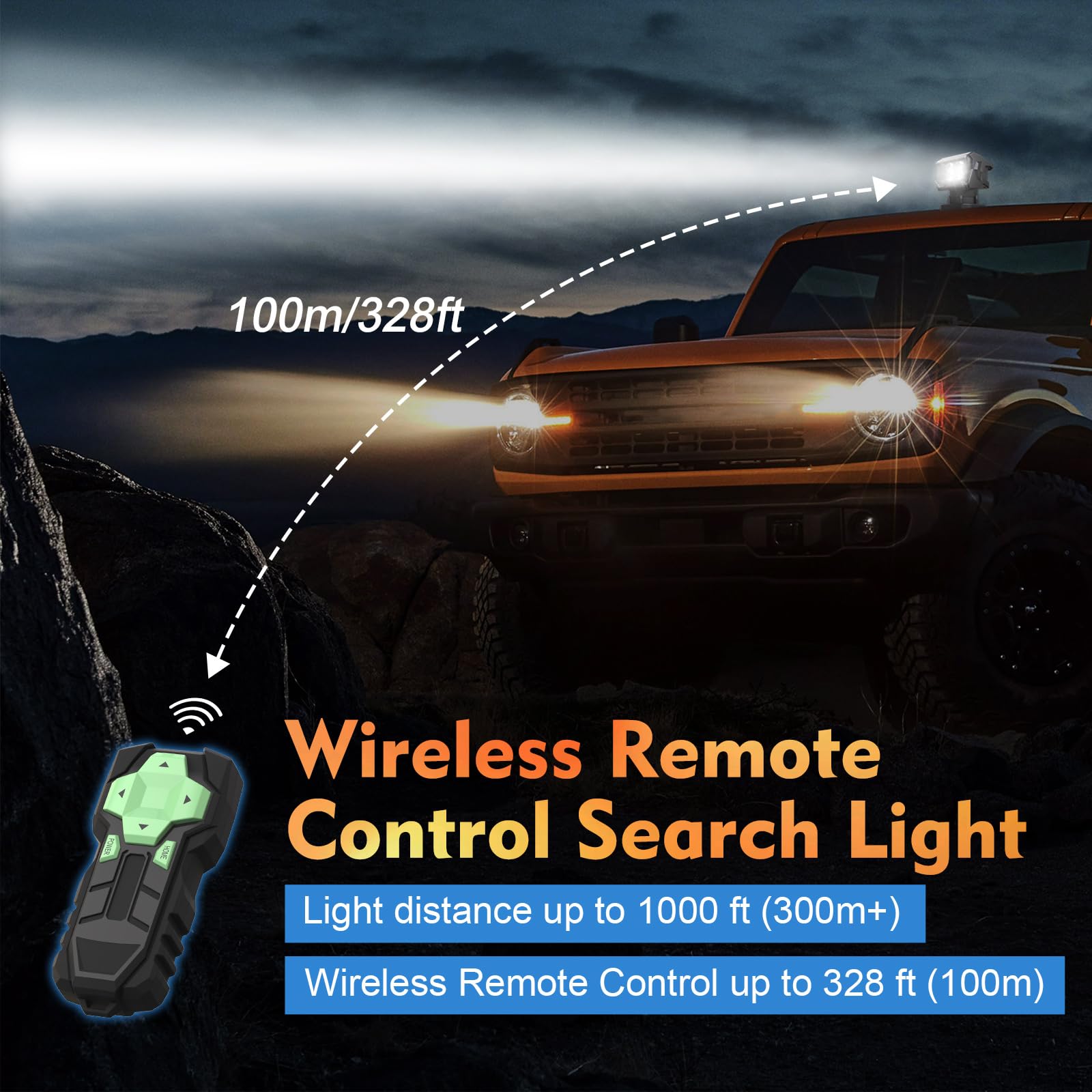 BIGACOVER Remote Control LED Spotlight, 50W Waterproof Searchlight, 360° Rotating, Black, with 5 Strong Magnets for Truck/Boat, 12V/24V
