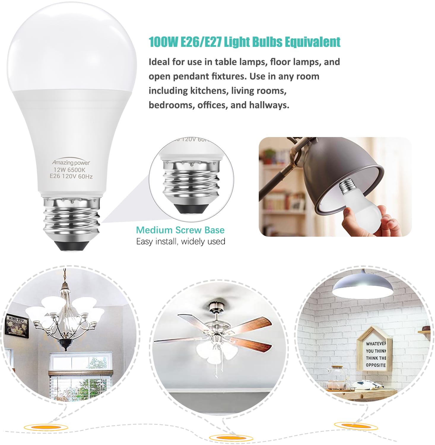 Amazing Power 100W Equivalent E26 Led Bulbs, Daylight White Non-Dimmable Medium Screw Base Light Bulbs 6500K, 4-Pack