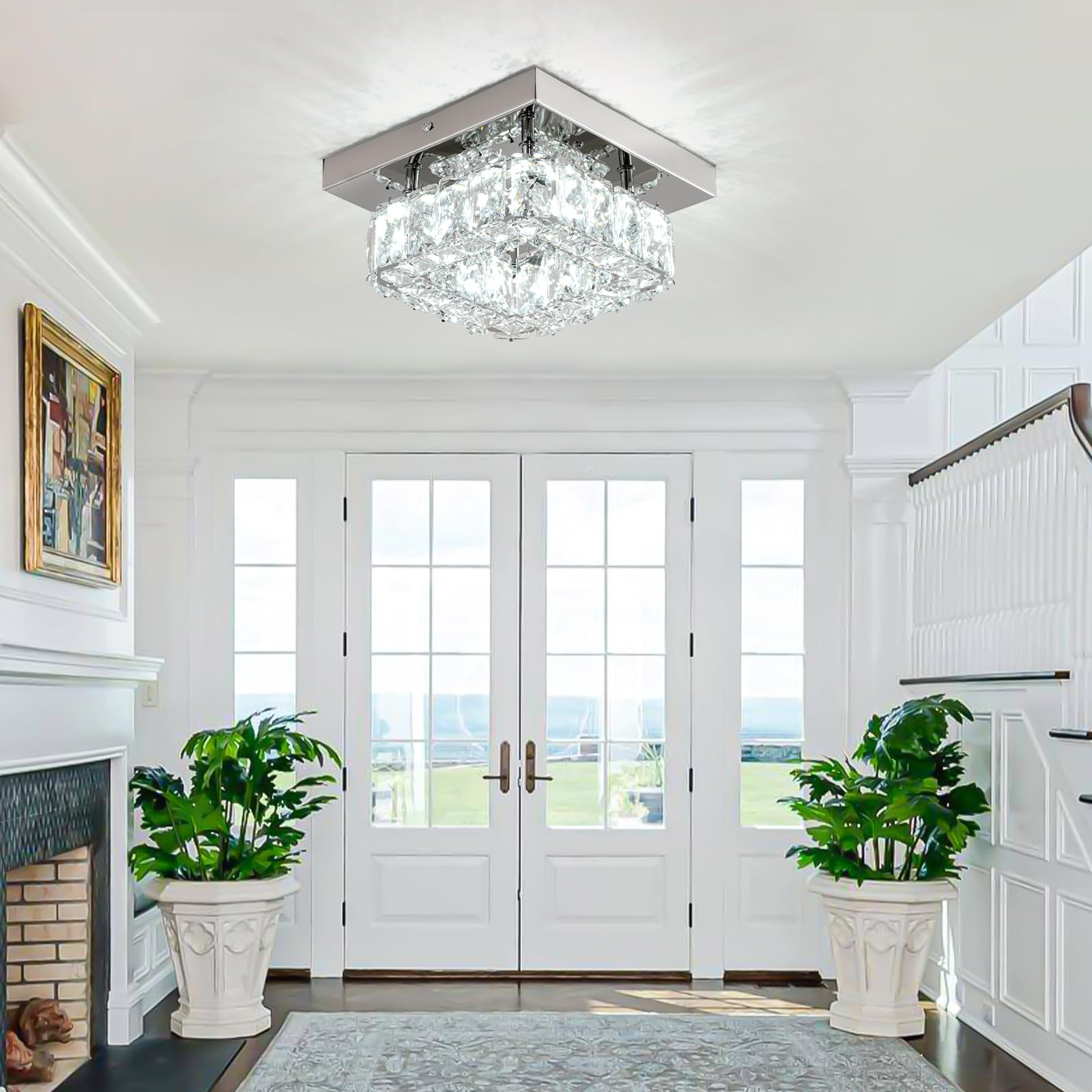 LEONTYNE Mini Modern Crystal Chandelier - 7.9" Flush Mount Ceiling Light, Cool White LED Fixture for Hallway, Foyer, Bedroom, Dining Room