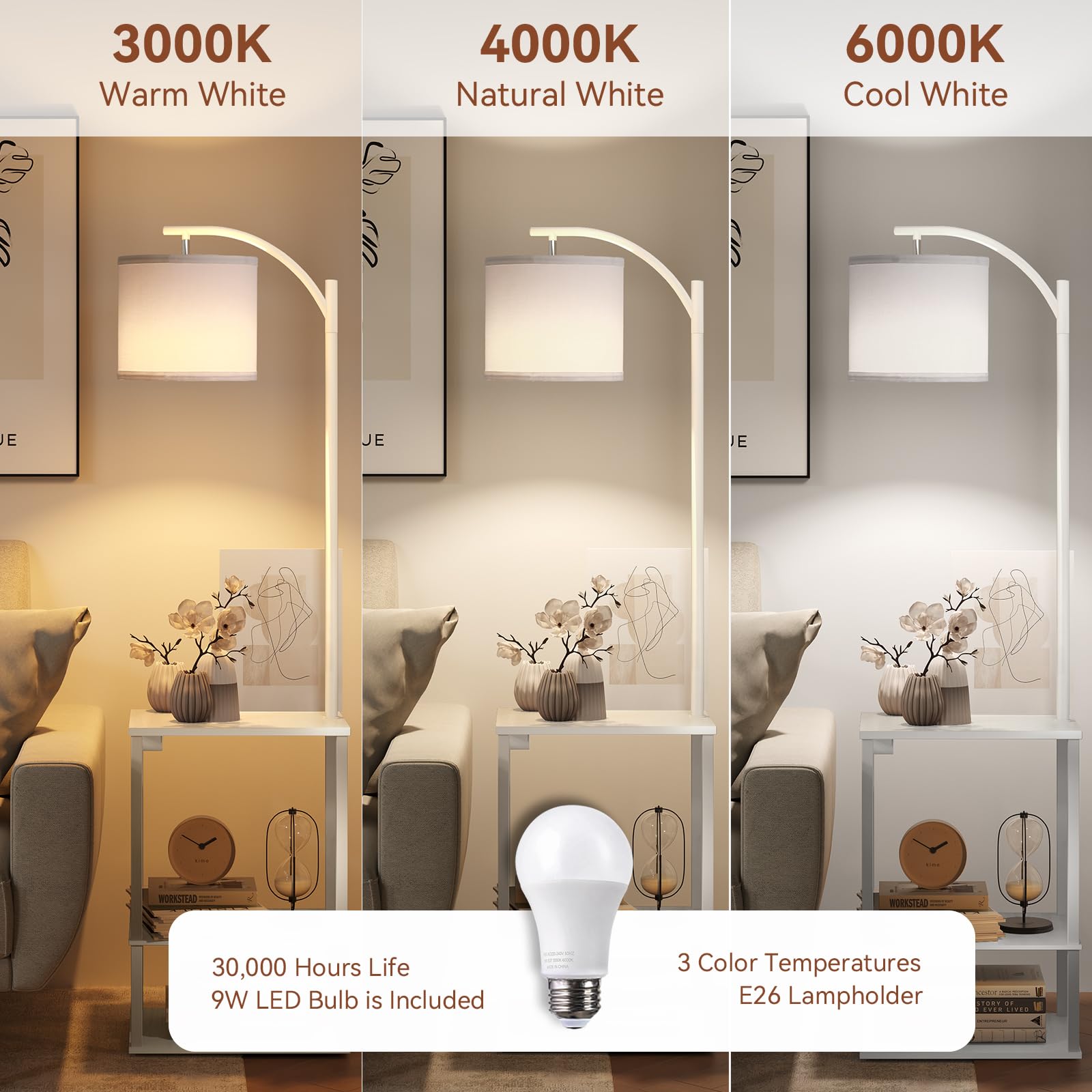 SUNMORY Floor Lamp with Table, 15.75" x 11.81" Pure White Wood, USB & AC Charging, Modern LED Nightstand for Living Room & Bedroom, Model PFL