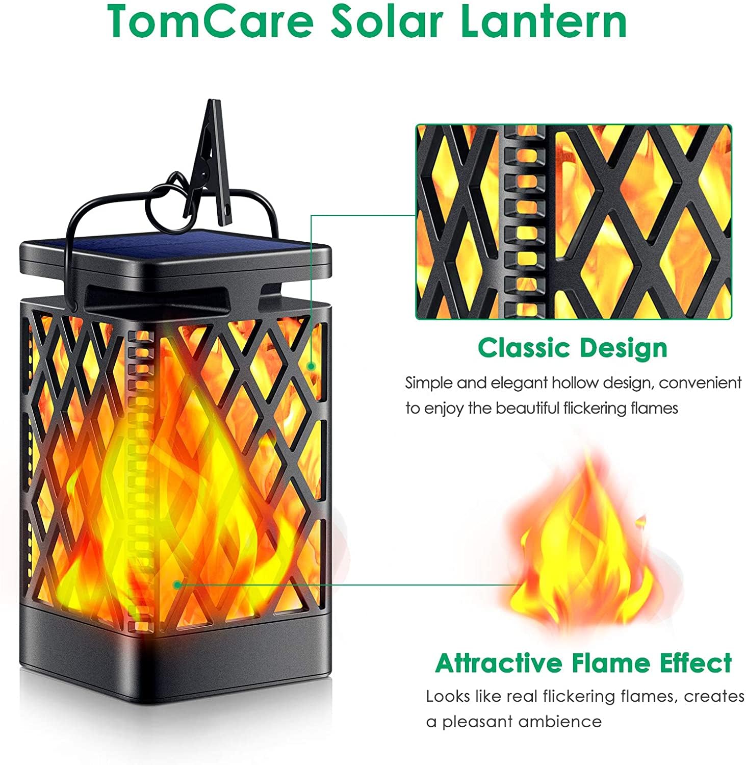 Tomcare Solar Lights Outdoor Flickering Flame Solar Lantern Outdoor Hanging Lanterns Decorative Outdoor Lighting Solar Powered W
