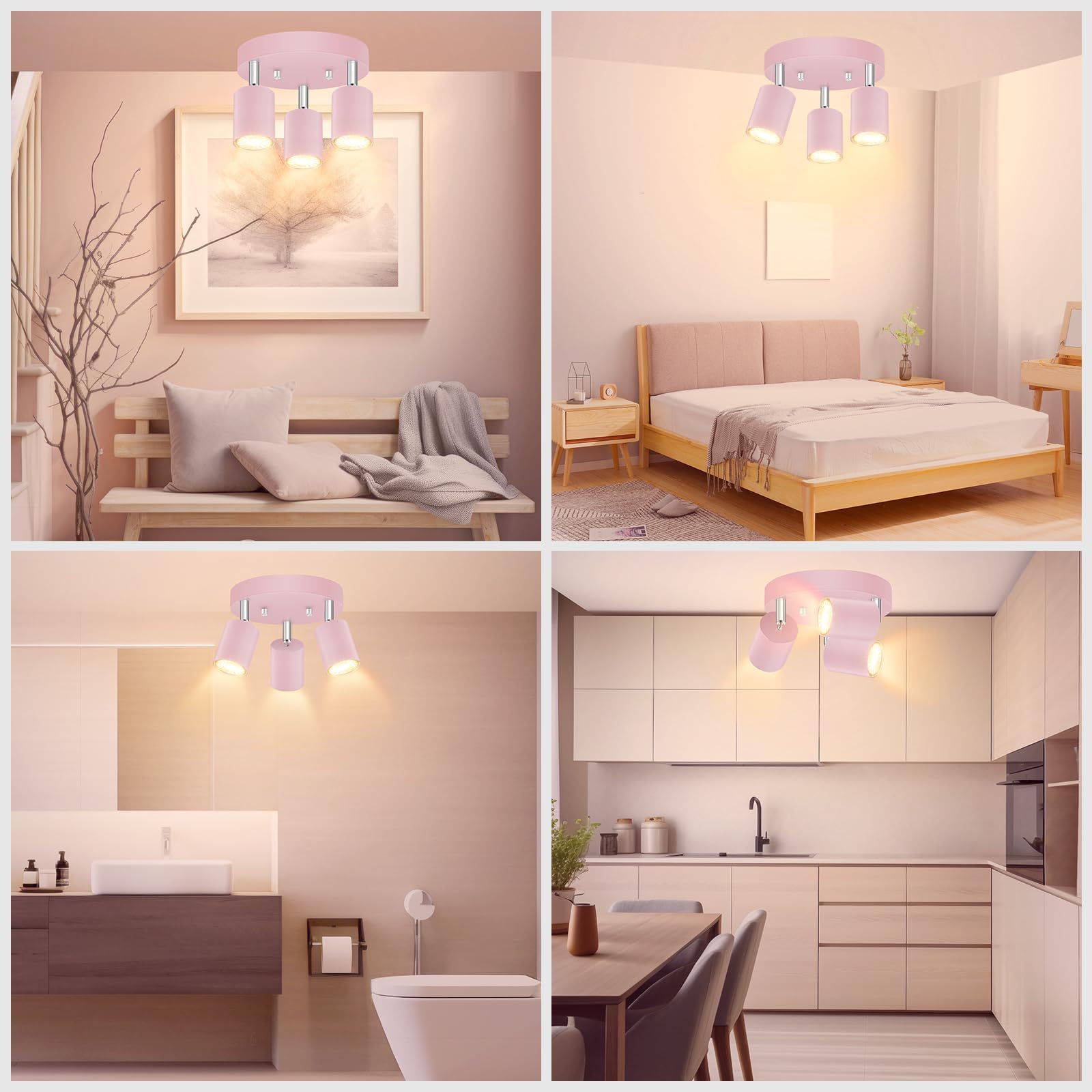 Bricosmocon 3 Light Track Lighting Fixtures Ceiling  Pink Round Directional Spotlight Fixtures  Gu10 Flush Mount Ceiling Fixture  Adjustable Modern Led Track Light For GirlS Room  Bulb Not Included