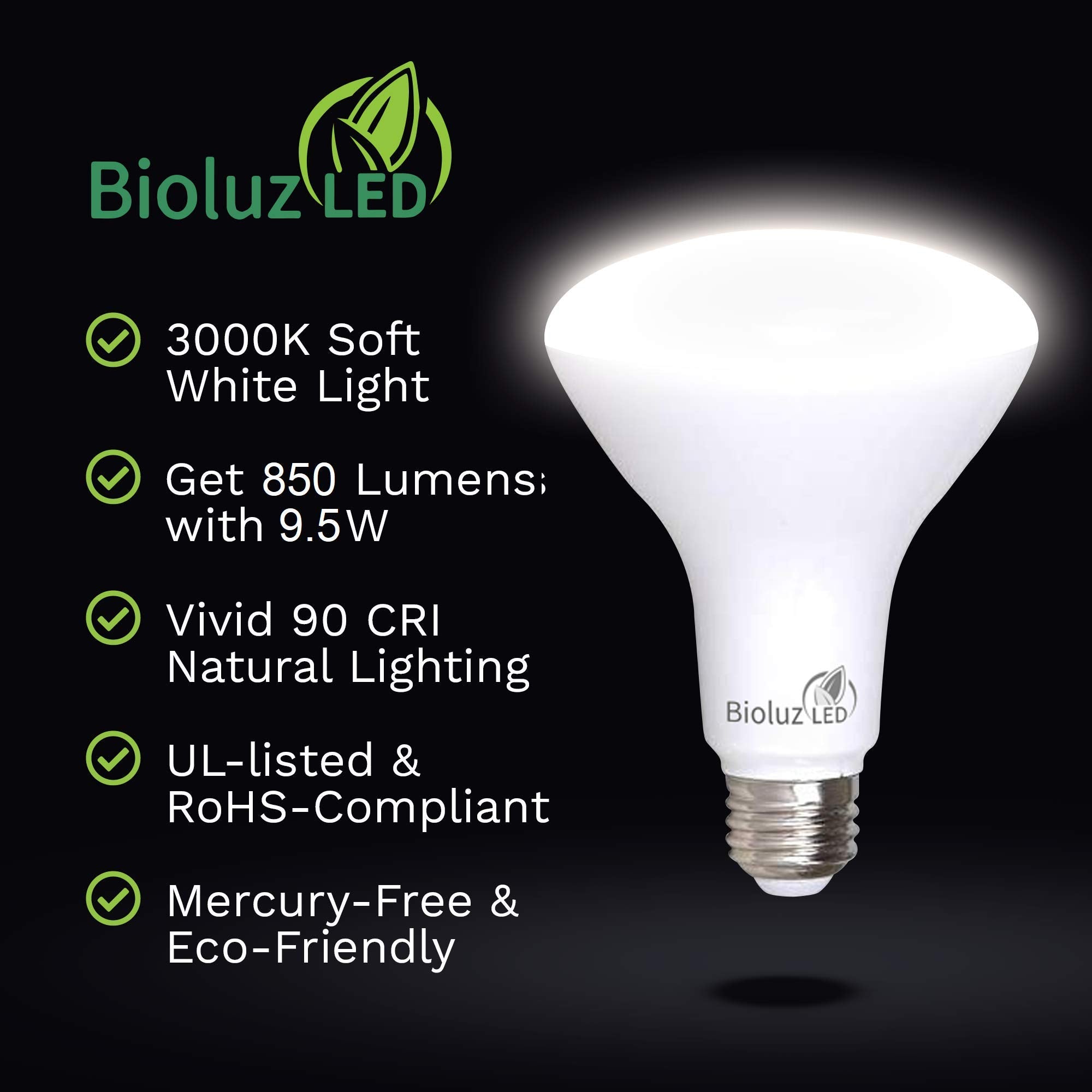 Bioluz Led 20 Pack Br30 Led Bulbs, Indoor Flood Lights 90+ Cri 75W Equivalent Uses 9.5W 3000K Soft White 850 Lumens, E26 Base Di