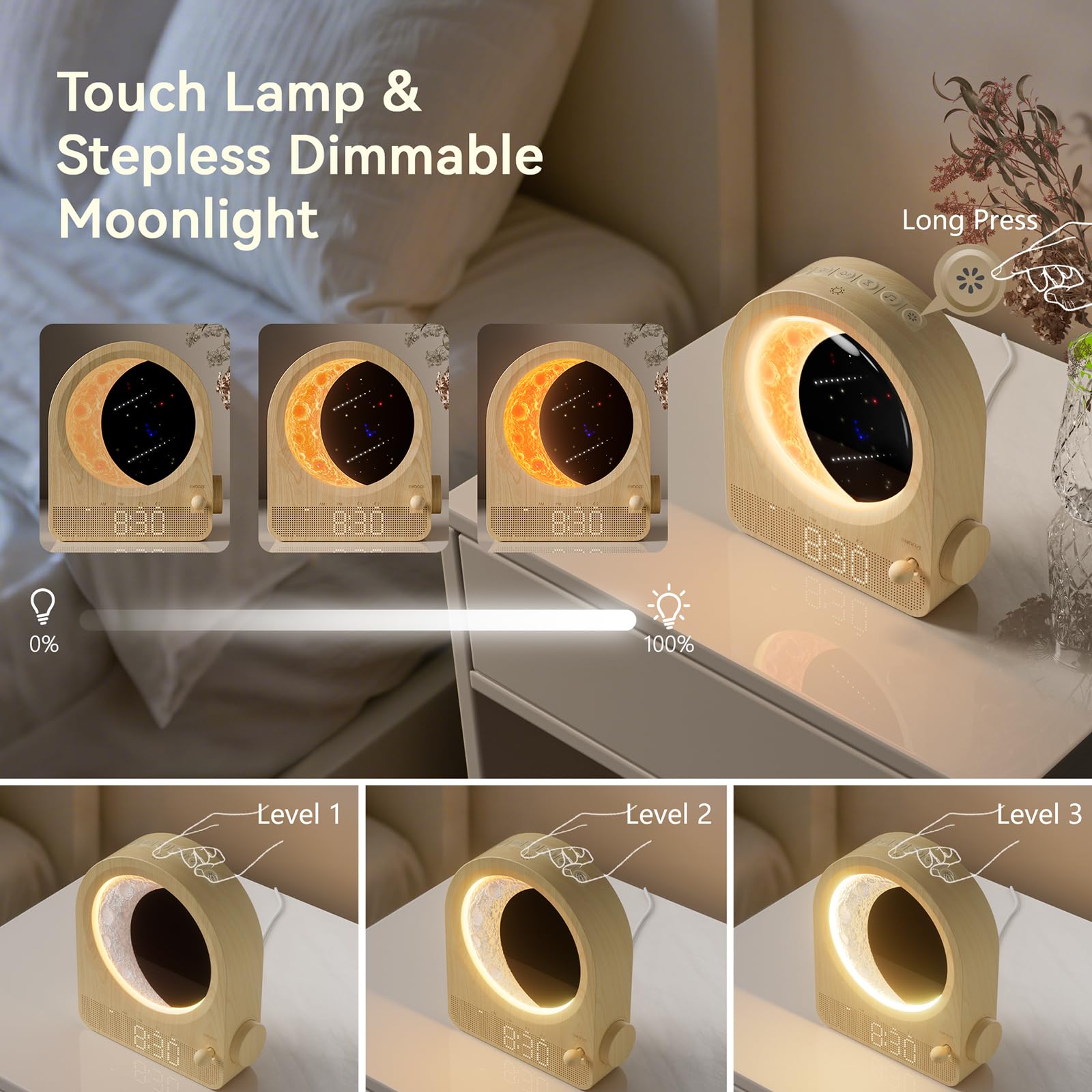 blonbar Sunrise Alarm Clock with Dimmable Moon Lamp, Dual Alarm, 12 Levels Volume, Natural Sounds, Woodgrain, Model AJ350A