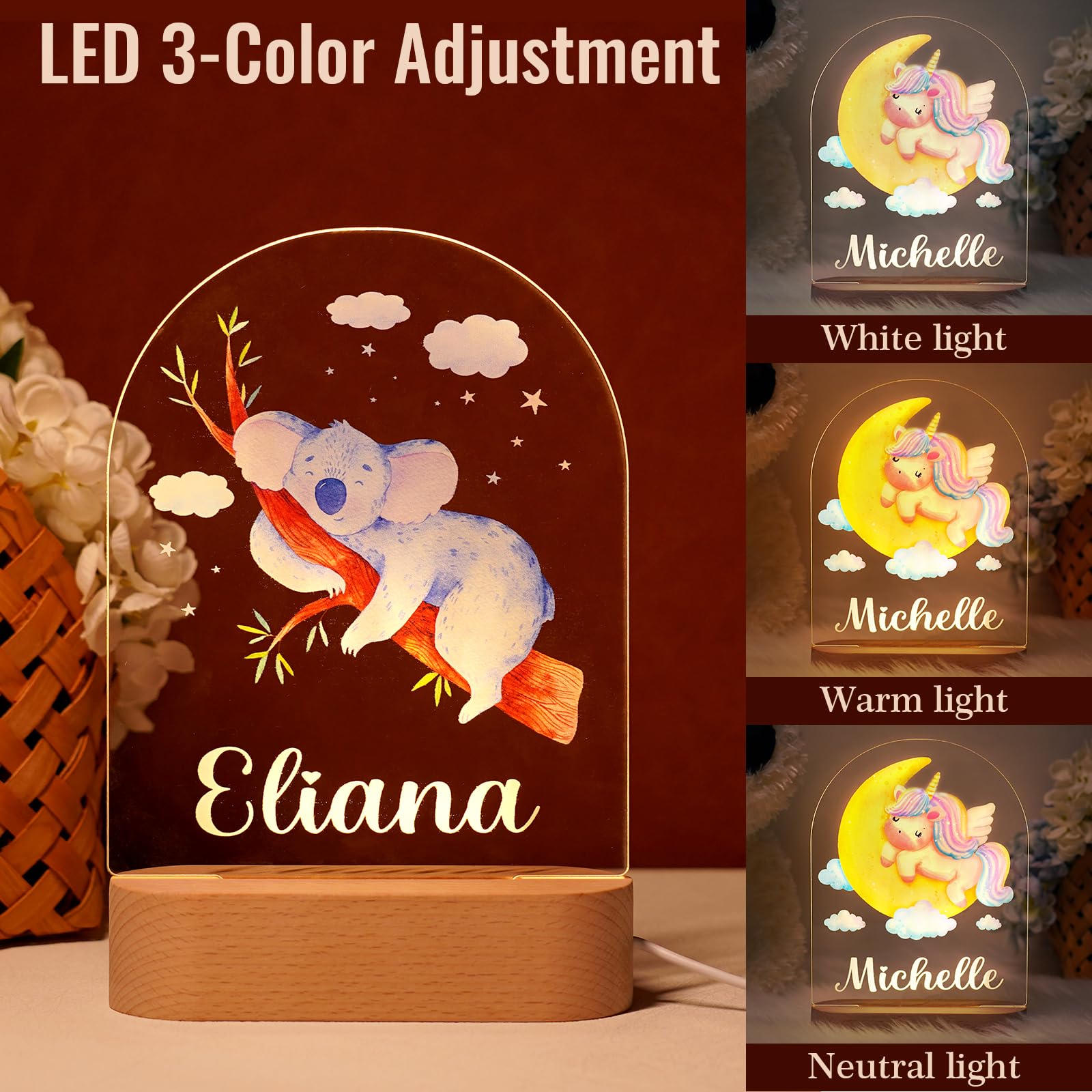 quejue Personalized Kids Night Light Custom Name LED Lamp, Acrylic & Wood Base, White, Modern Style, Nursery Decor