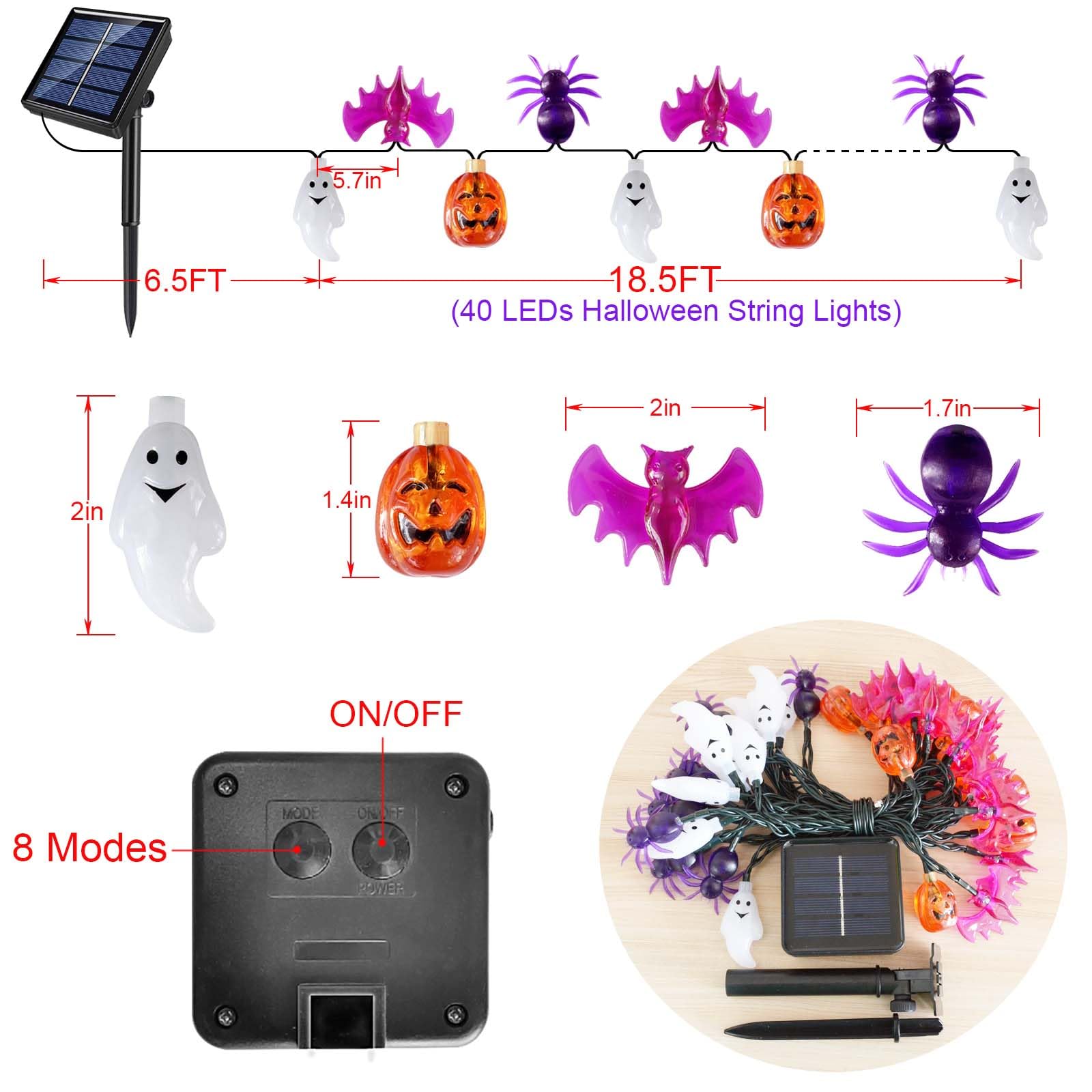 Dontsri Solar Powered Halloween Lights, 40 Led, 8 Modes, Waterproof, Auto On/Off, Outdoor Use
