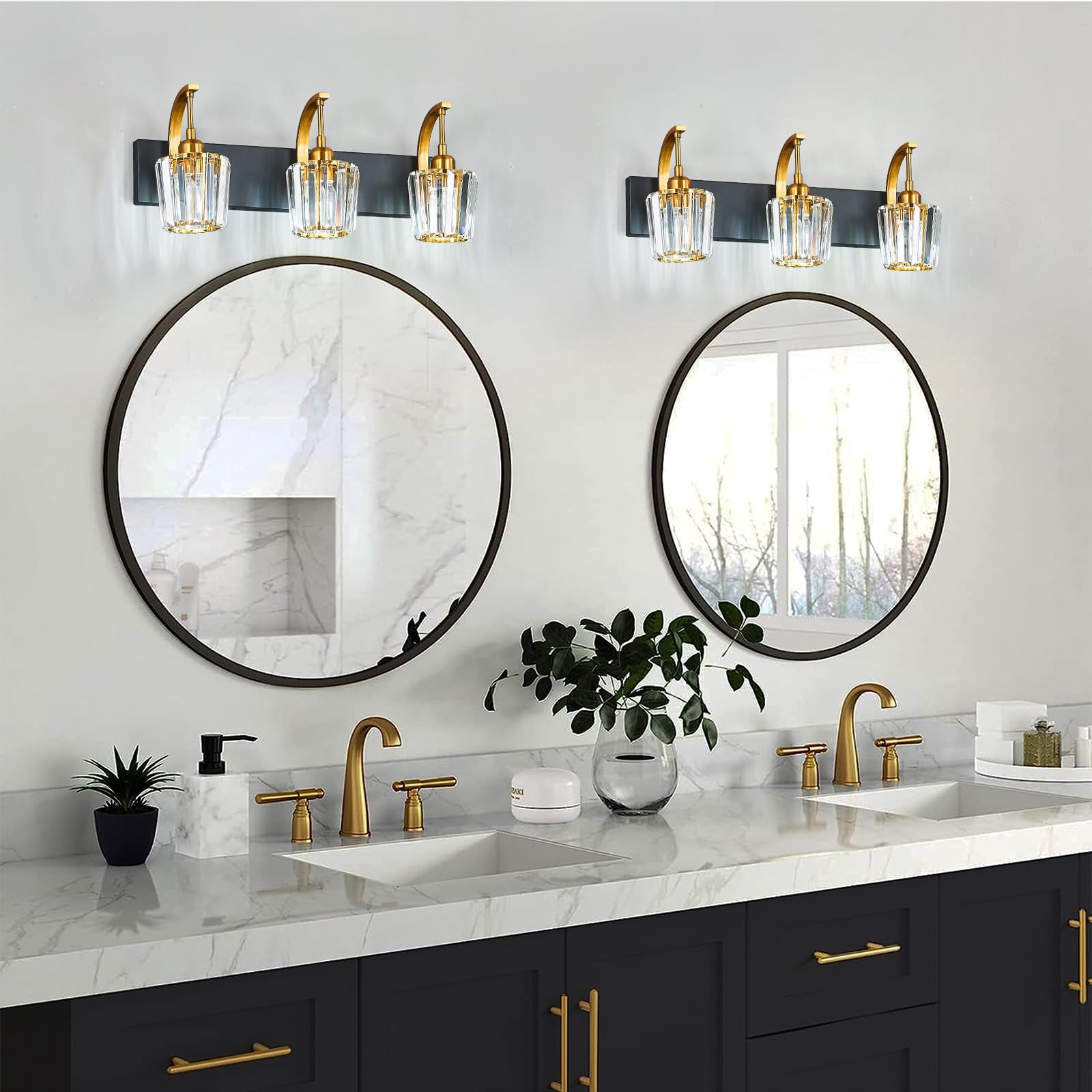 Fdpby Modern Bathroom Vanity Light  3-Light Black Gold Wall Sconce With Crystal Accents  Over Mirror Bathroom Lighting Fixture  23.62 Long Dimmable Vanity Lamp For Makeup  Easy Installation