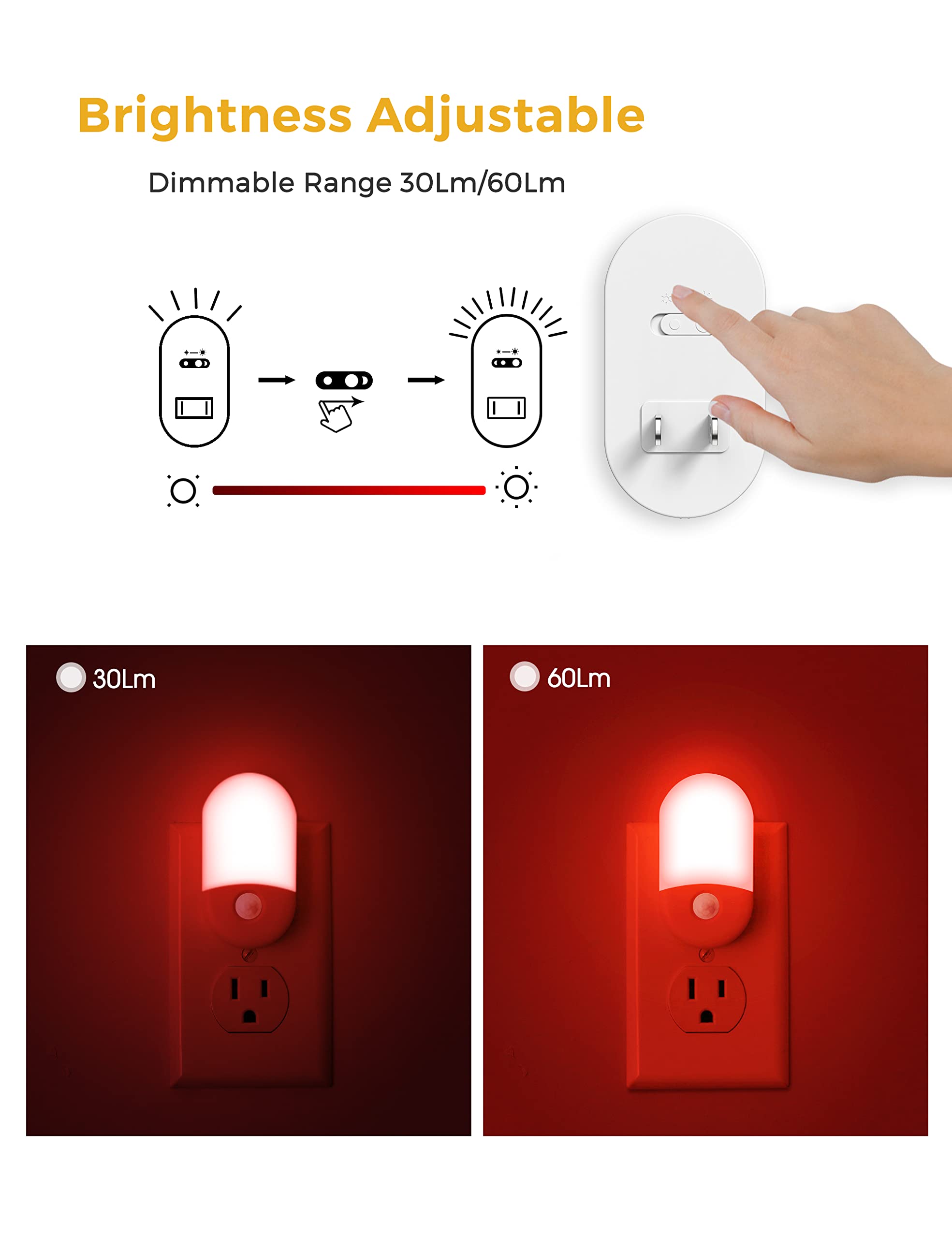 L Lohas Led Red Night Light Plug In, Motion Sensor Night Light For Kids, Adjustable Brightness, Red Nightlight, Motion Activated Night Light For Bathroom, Hallway, Holiday Christmas Decoration, 2 Pack