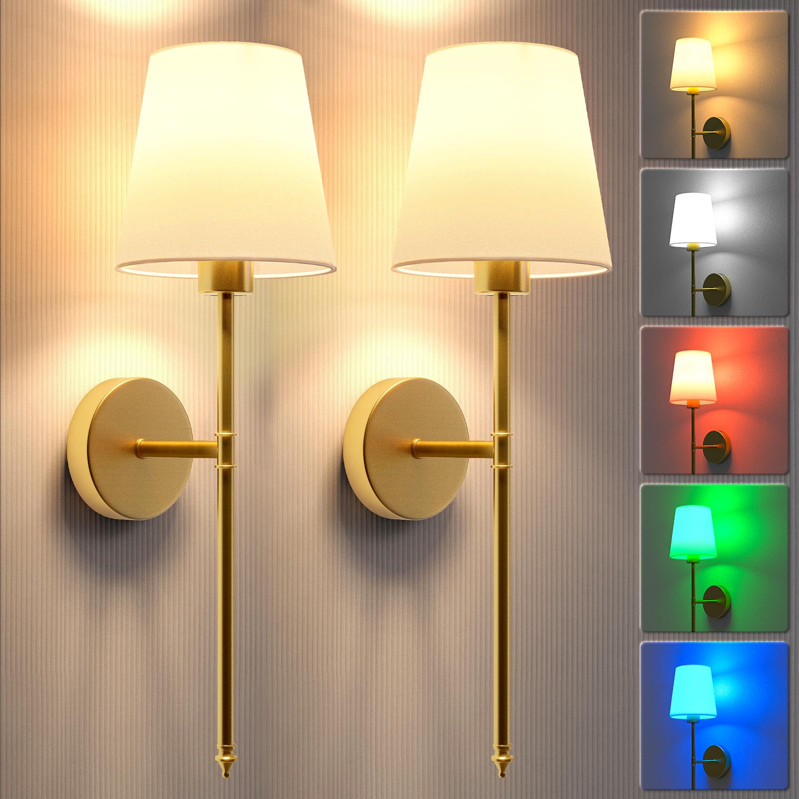 Jofios Wall Lights Battery Operated Wall Sconces Set Of 2,Gold Wireless Wall Sconces With Remote,9 Colors Modes Rechargeable Wal