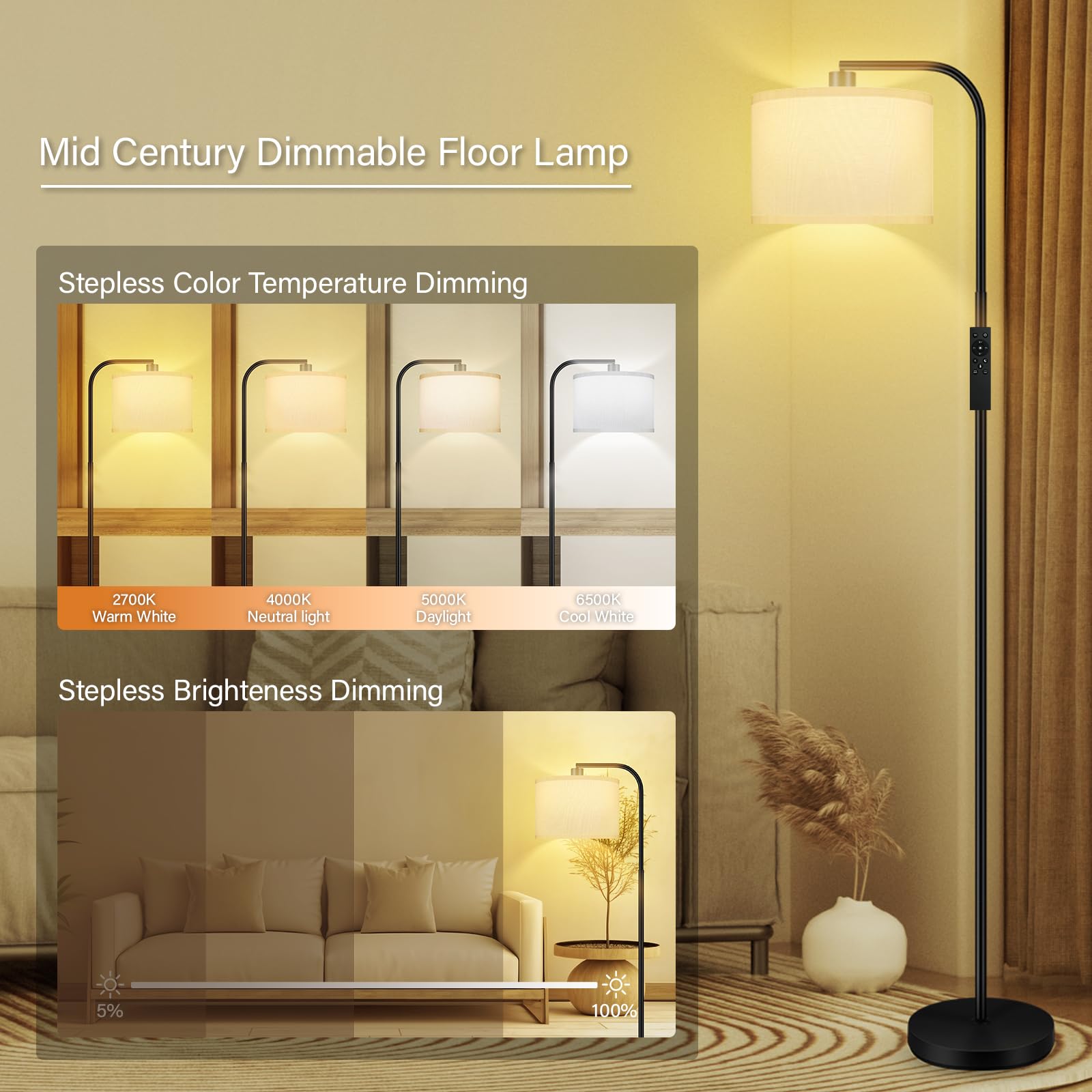 Boostarea Dimmable Floor Lamp For Living Room,Arc Sofa Lamps With Remote Control,Stepless Dimmable & Colors Temperature,2700K-65