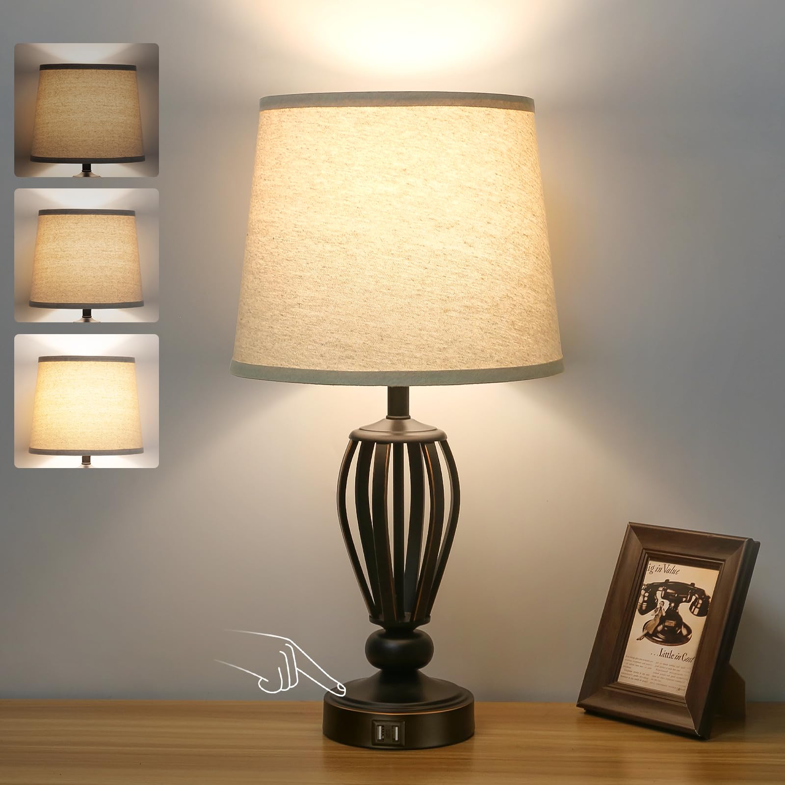 Seaside Village USB Bedside Lamp, 3-Way Dimmable, Black Metal Base, Beige Shade, Model S-FS-USB, Ideal for Bedroom, Living Room, Office