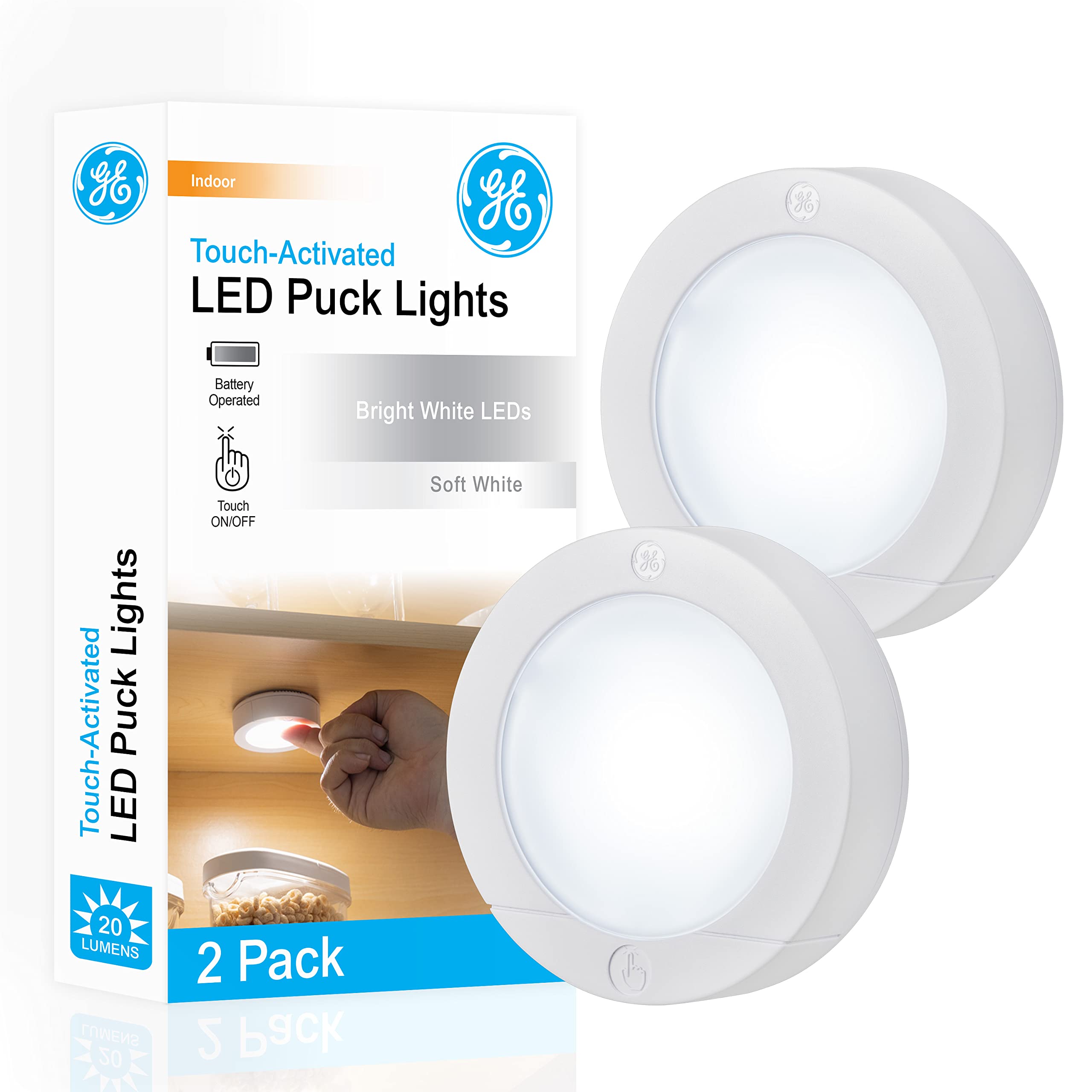 GE Wireless LED Puck Lights, Battery Operated, 20 Lumens, Touch Light, Tap Light, Stick on Lights, Under Cabinet Light, Ideal fo