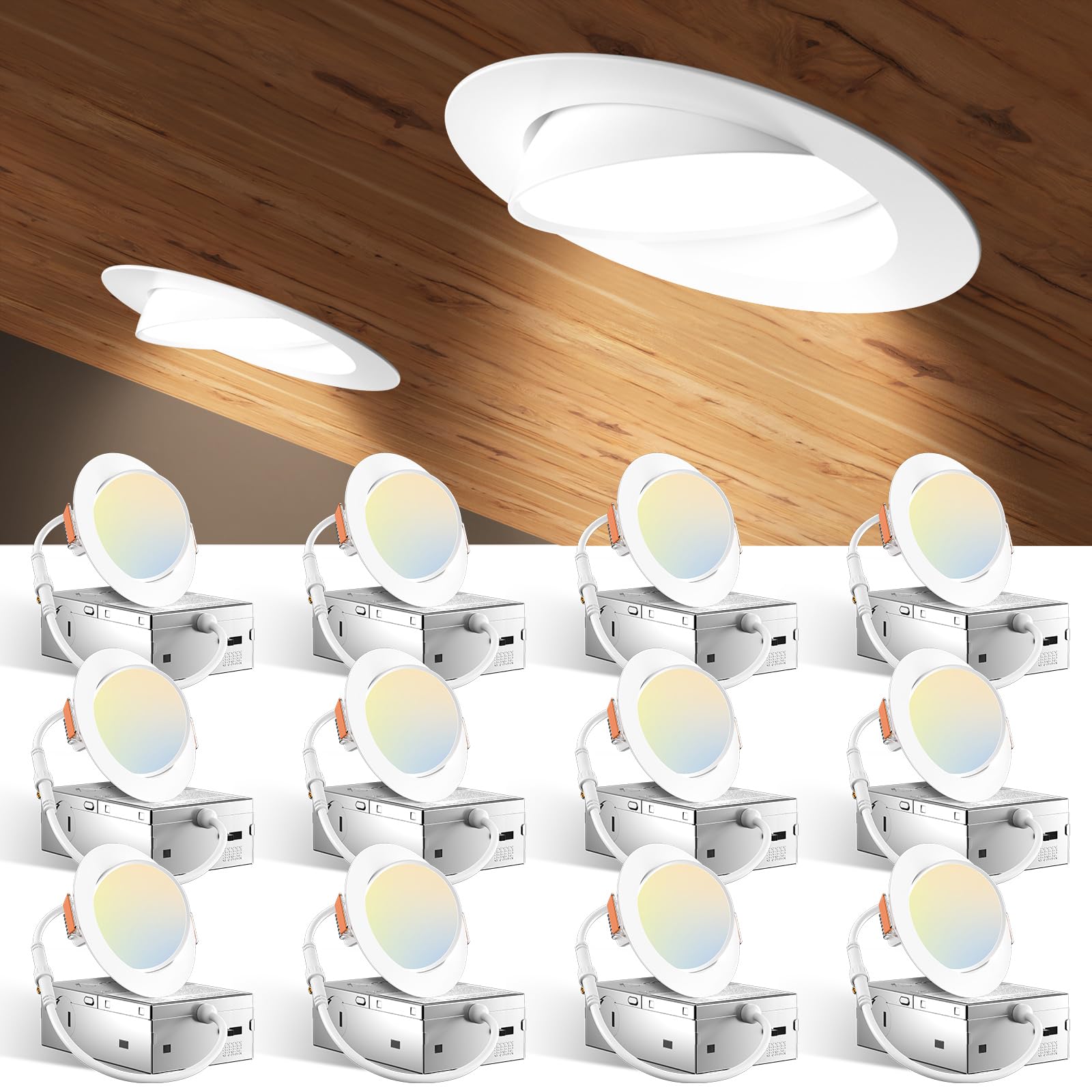 Amico 12 Pack 3 Inch 5CCT Gimbal LED Recessed Lighting, 360&90Adjustable Eyeball Directional Downlight, Dimmable, 2700K/3000K/35