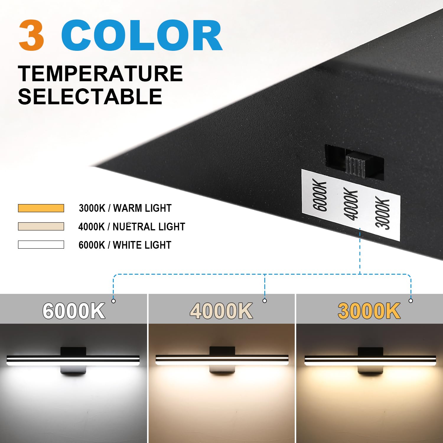 SineRise LED Bathroom Vanity Light Bar, 32-Inch Dimmable Matte Black Acrylic, Model SR-MODERN32-MB, 3000K/4000K/6000K