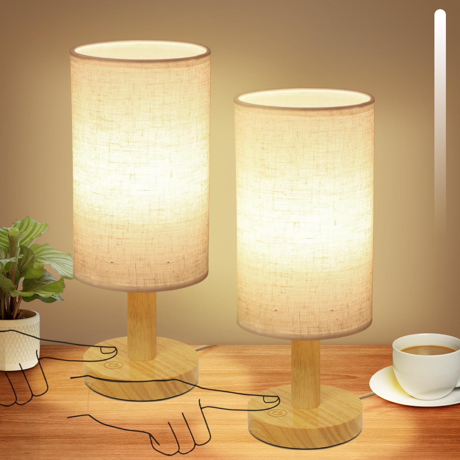 Small Touch Table Lamps Set of 2 with Stepless Dimming&USB Plug, Natural Round Wood Base & Linen Fabric Shade |Soft Ambient Nigh