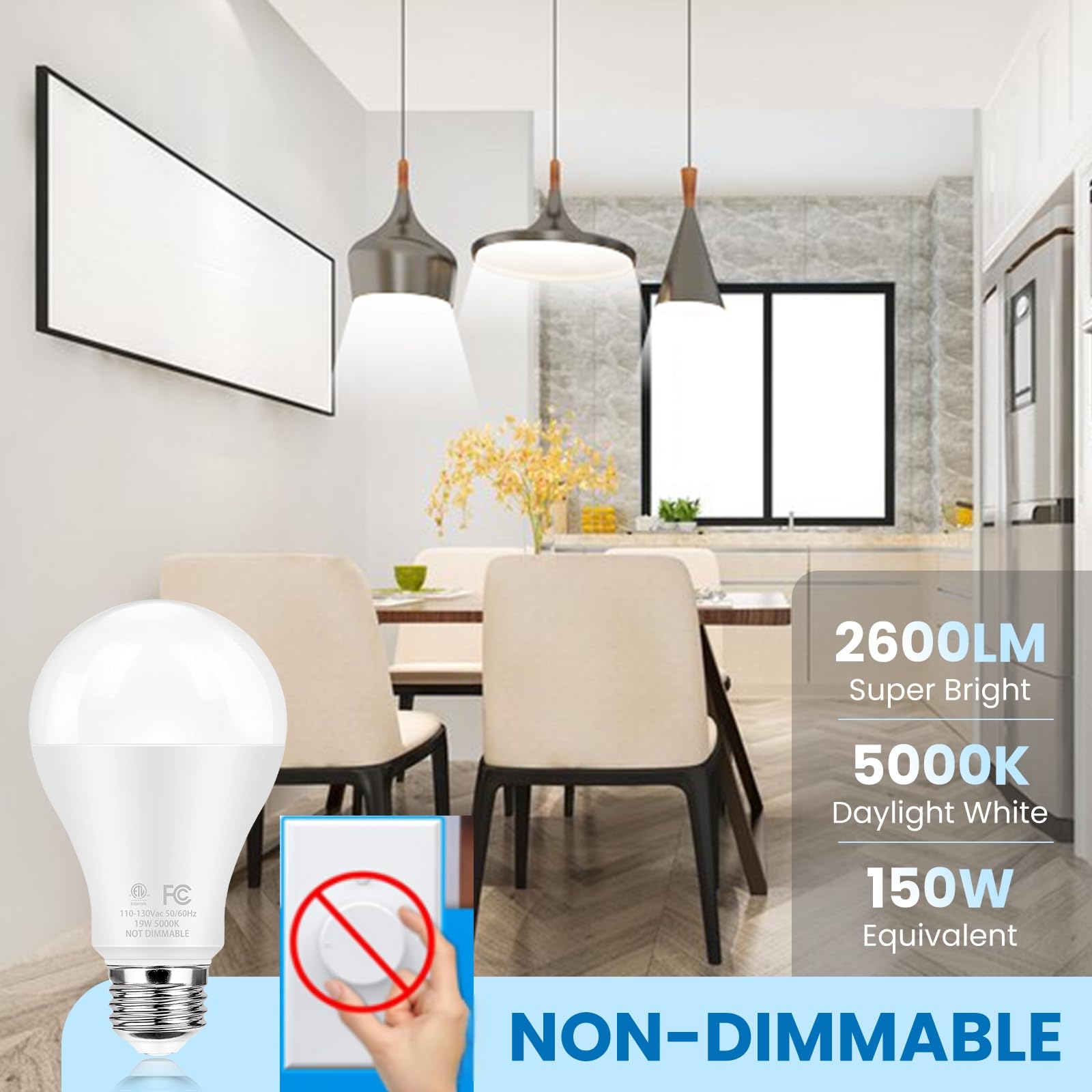 Qqlxst Super Bright Led Light Bulbs, 150 Watt Equivalent, 5000K Daylight White, 2600 High Lumen, E26 Base, Non-Dimmable, A21 19W