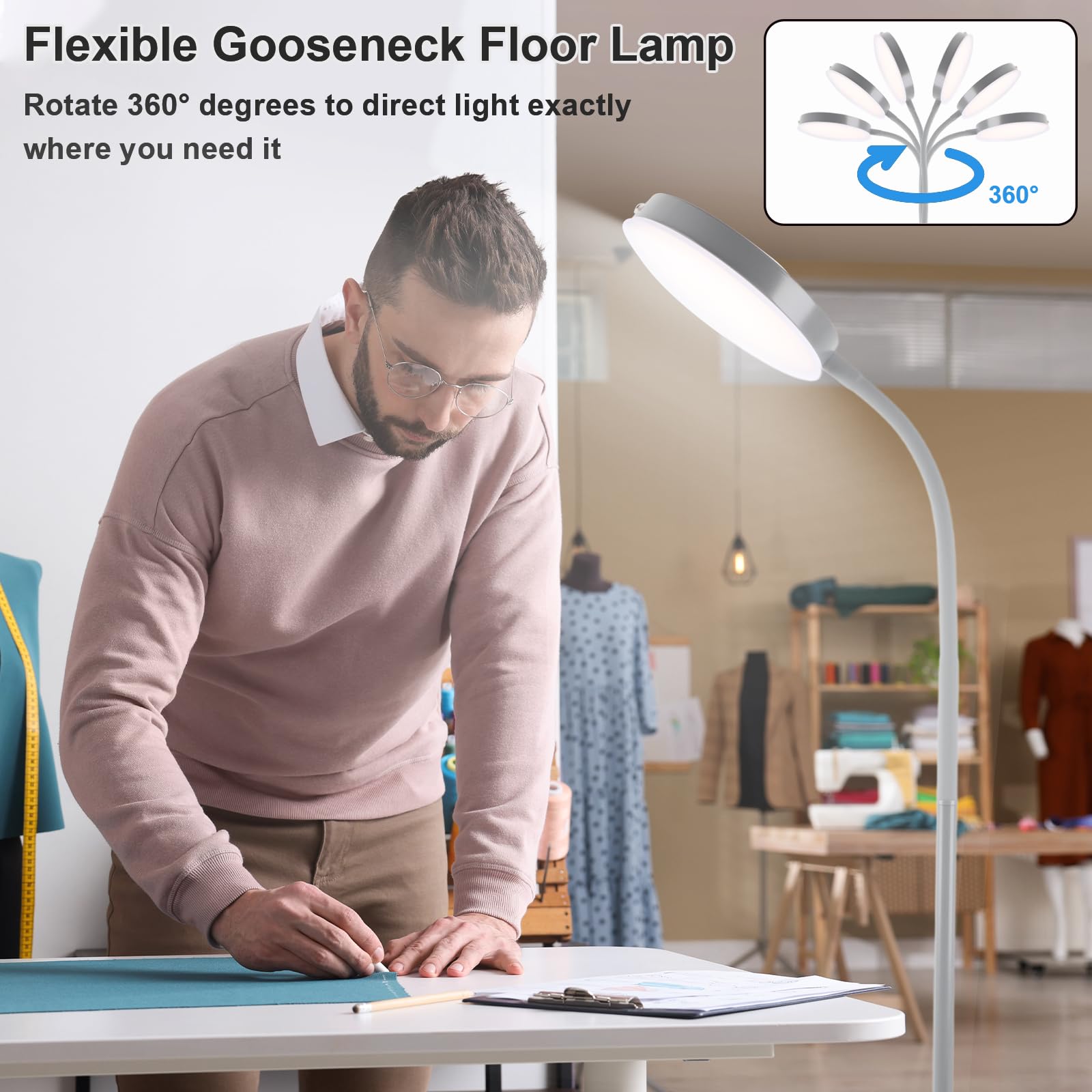 LALISU LED Floor Lamp with Stepless Brightness & Color Adjustment, Touch Control, Adjustable Gooseneck, Grey, Model LALISULEDFL08
