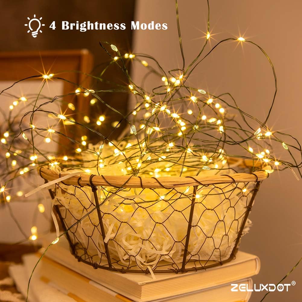 Zeluxdot Fairy Lights Plug In,100Ft 300 Leds Waterproof String Lights,Green Copper Wire,Led Lights Stirp With Remote 8 Modes For Indoor Outdoor Christmas Wedding Birthday Patio Garden Decor,Warm White