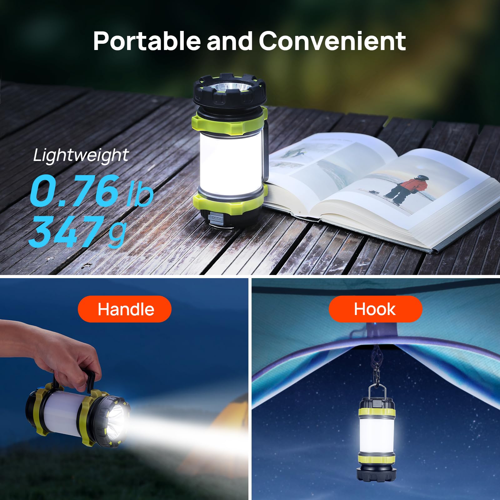 Consciot LED Camping Lantern Flashlight - 3600mAh, Rechargeable, IPX4 Waterproof, Light Green, 1 Pack, Model AOL007-US