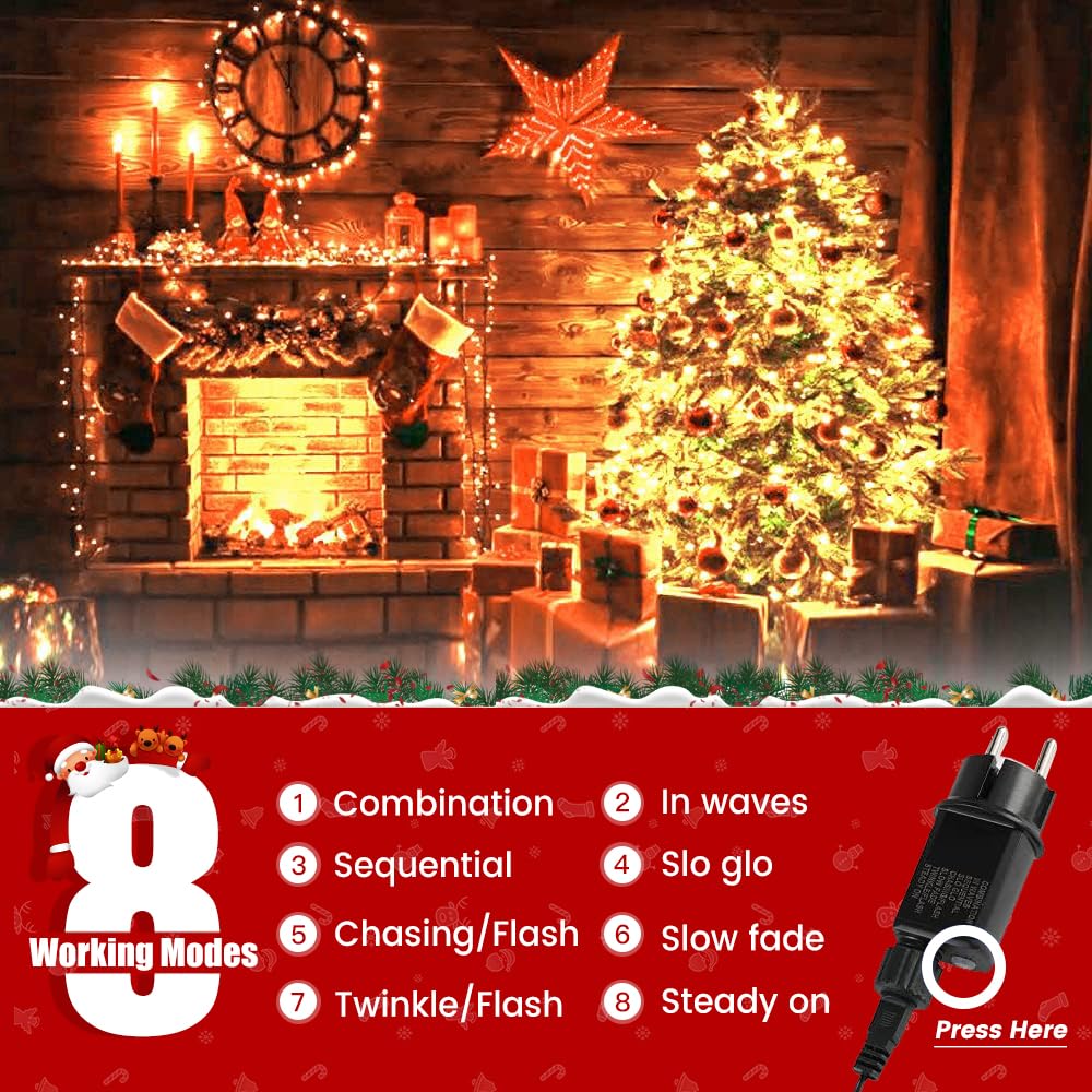 Areker 82Ft 1000Led Christmas Lights Outdoor Indoor  Green Wire Christmas String Lights Plug In  Ultra Bright 8 Modes Waterproof Fairy Lights For Xmas Tree Party Wedding Decoration  Warm White