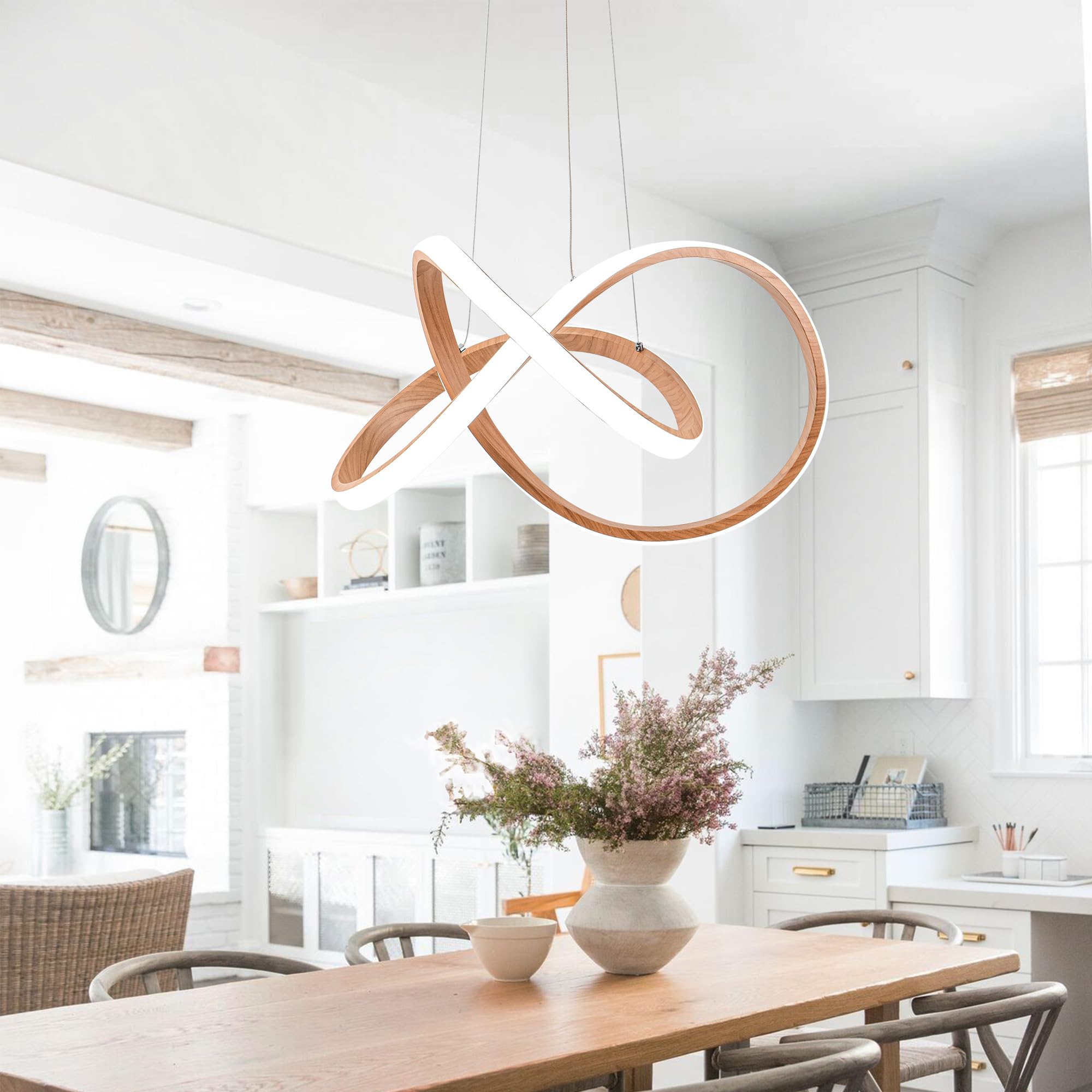 MAYNA Modern LED Chandelier - Adjustable Wood Finish Pendant Light, Irregular Ring Design, 6000K Daylight, Model YG-4606-3P-D22