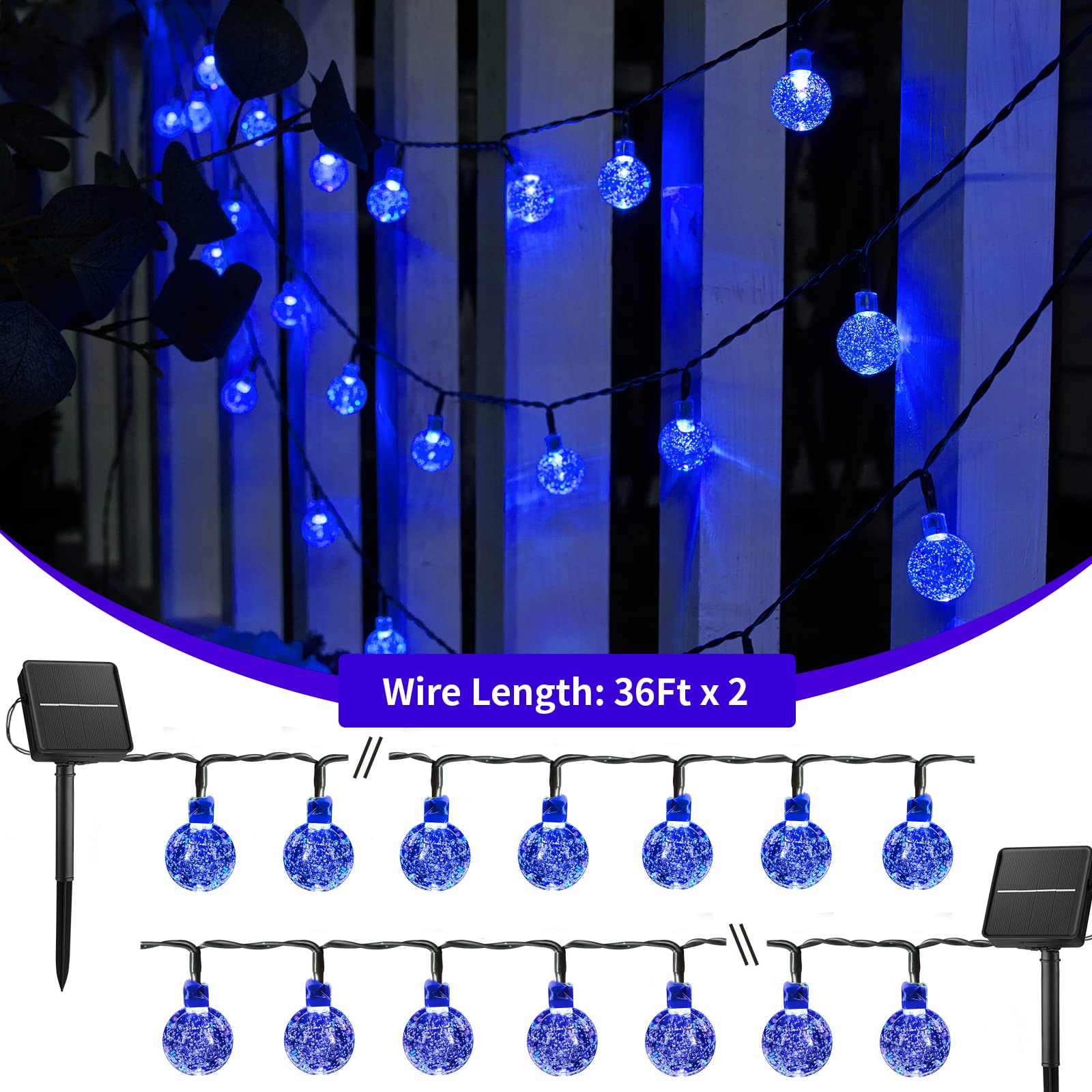 Solar String Lights Outdoor Waterproof, 2 Pack 60 Led 36.5 Ft Each, Crystal Globe Lights With 8 Lighting Modes, Solar Powered Pa
