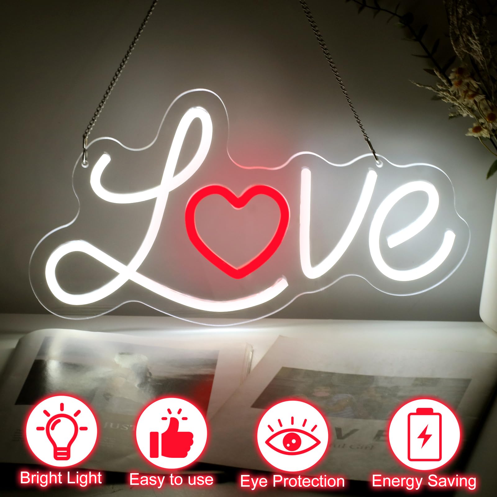 DMDMBSR LED Love Neon Sign, Dimmable Acrylic Wall Decor, Small 15.7inx8.7in, Love Heart, Model fb-19
