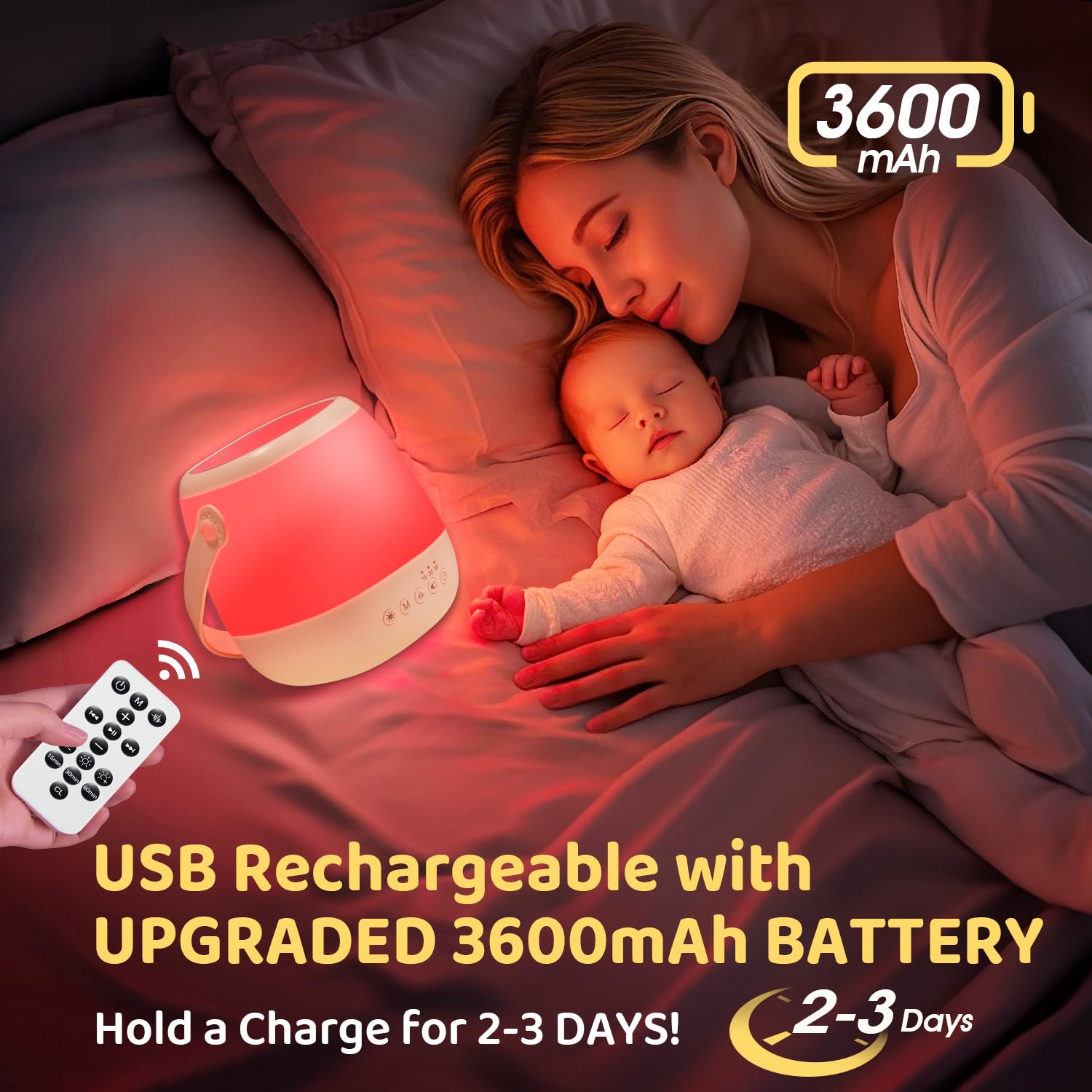 One Fire Baby Night Light 3-IN-1, 15 Colors, 12 White Noises, Portable Sound Machine, USB Rechargeable, Model Nocturna, ABS Material