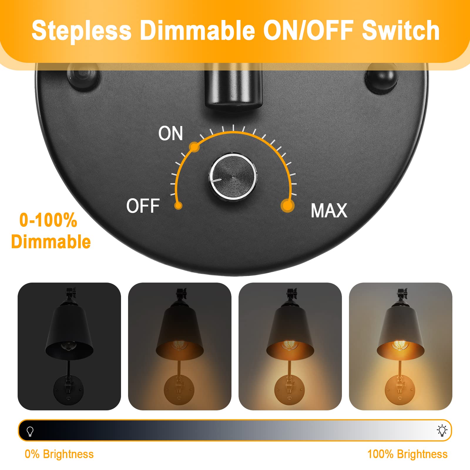 Hoxiya Dimmable Swing Arm Plug In Wall Lamps Set Of 2, Plug-In Wall Sconce With Dimmer Switch Cord, Matte Black Metal Industrial