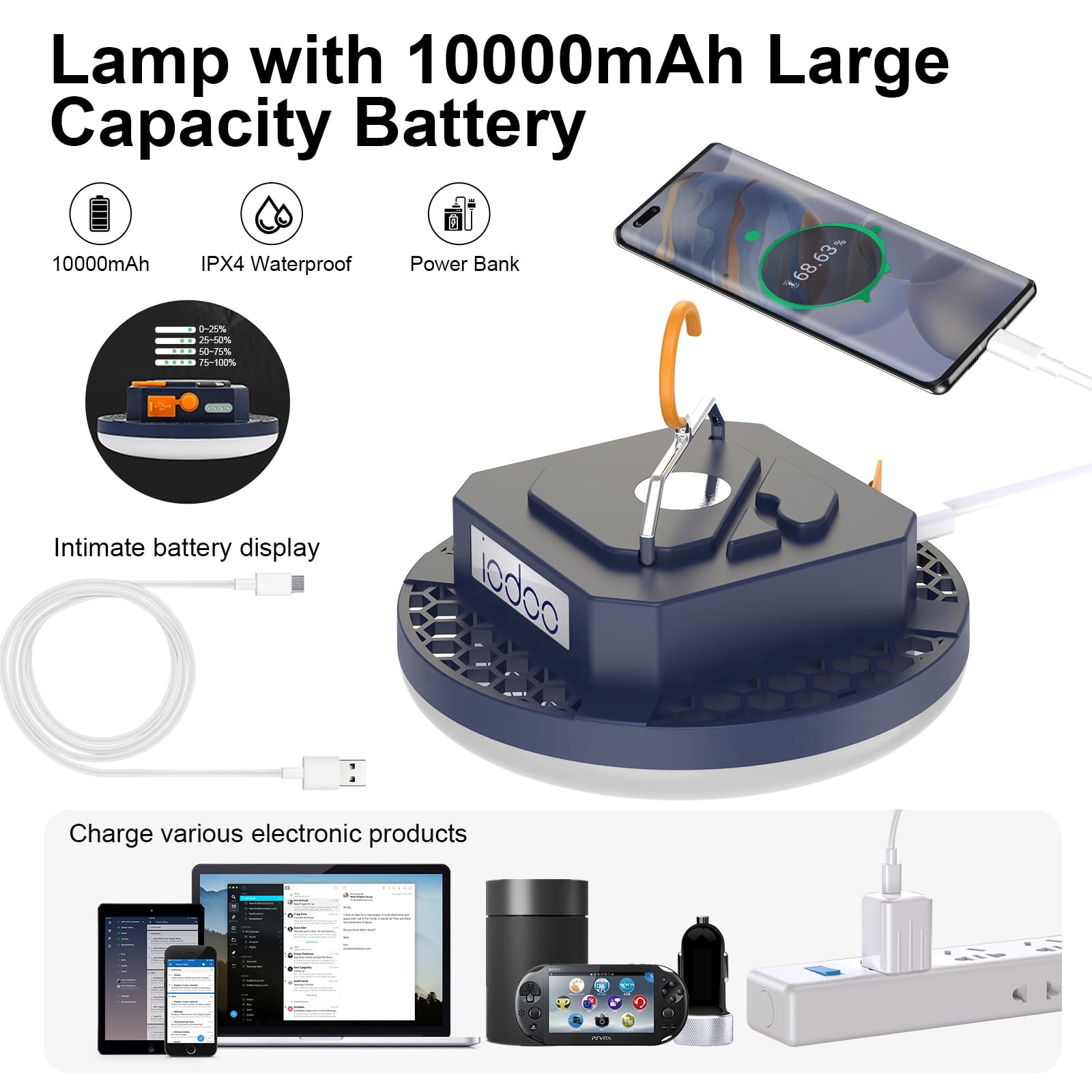 iodoo 10000mAh Rechargeable Camping Light, 3000LM, 6500K, Colorful Lantern for Outdoor Use, Model: iodoo-CPL