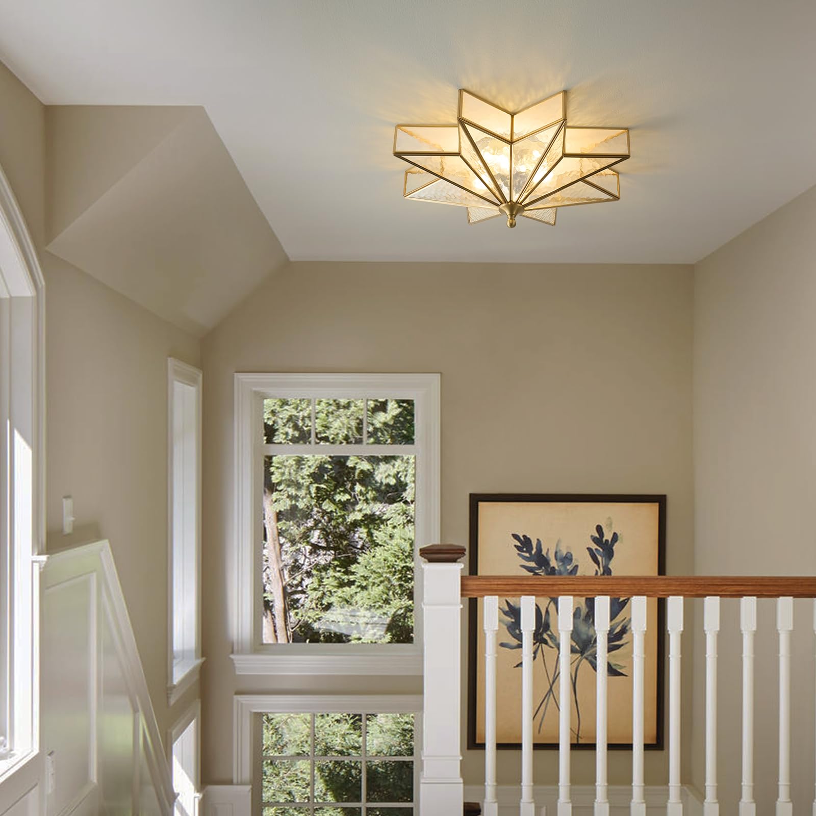 Brass Star Flush Ceiling Light - 19.5 Inch Gold Hammered Glass Large Mount Fixture - Art Deco Mid Century Vintage Modern Moravian Lighting Lights For Bedroom Dining Entryway Foyer Living Room Fixtures