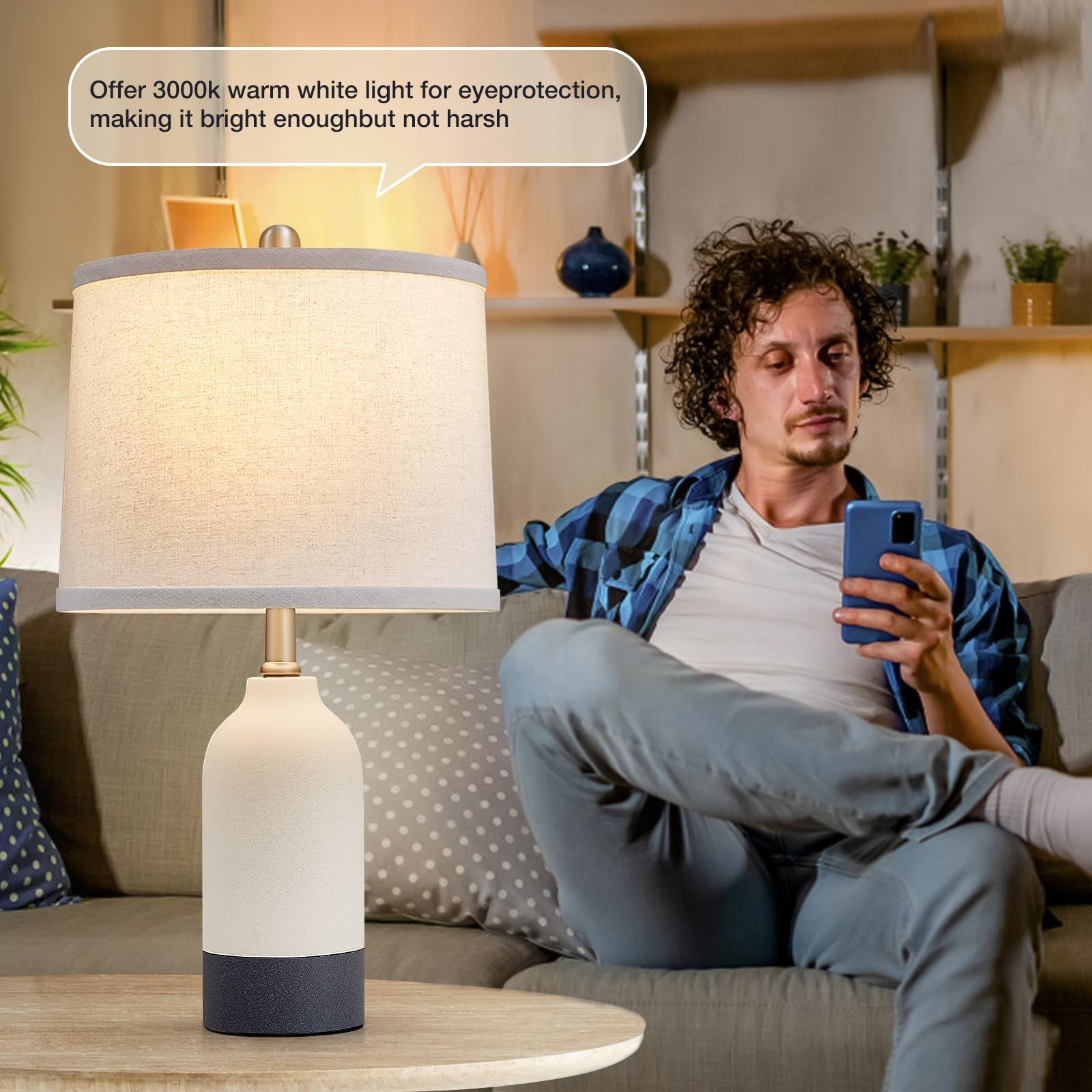 Luvkczc Modern Ceramic Table Lamps Set of 2, 21.4", Black+White, Fabric Drum Shade, 3-Color Temperature, 2 Bulbs Included