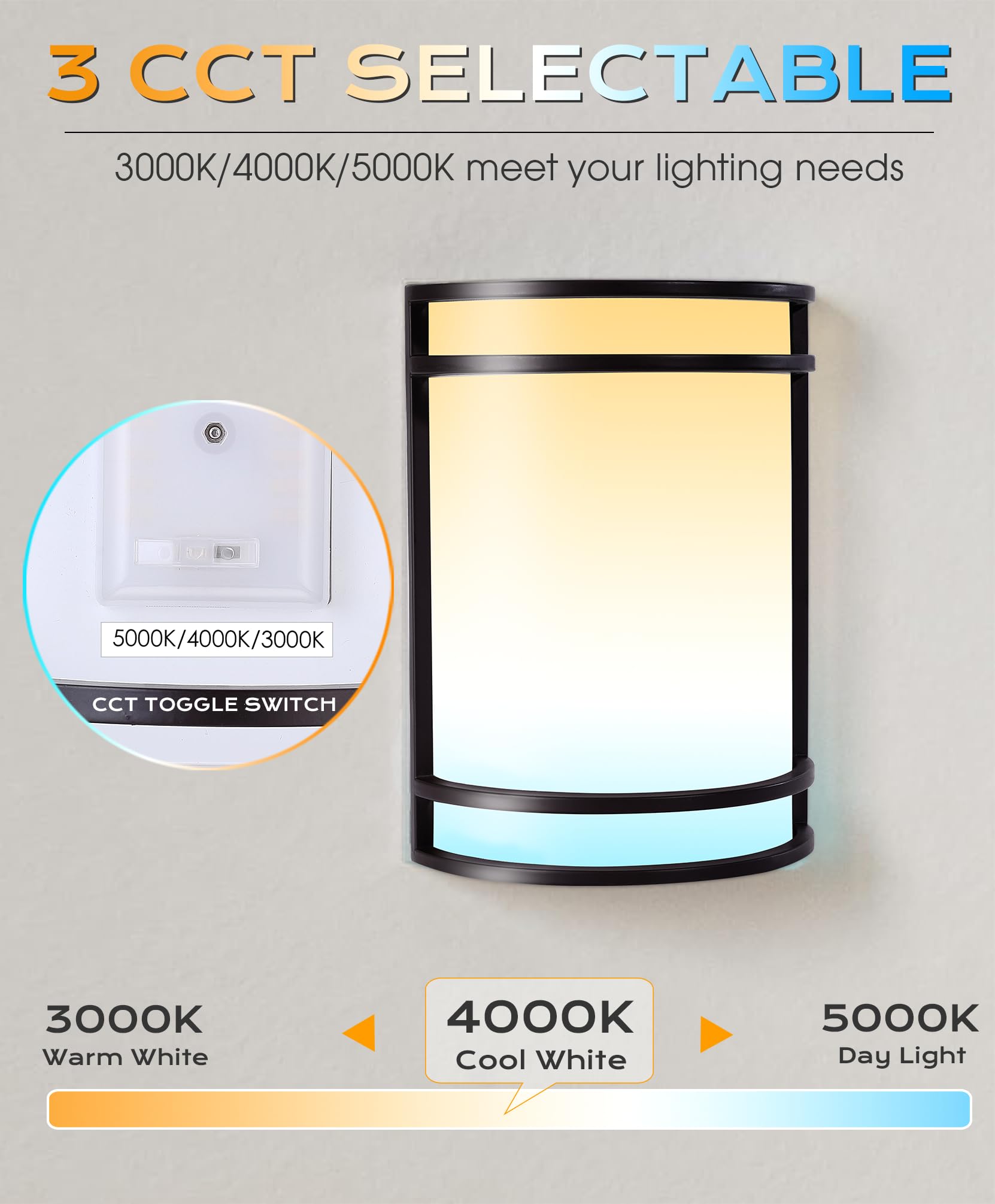 CLOUDY BAY LED Wall Sconce, 3 Color Temperature Adjustable, 15W Dimmable, Black