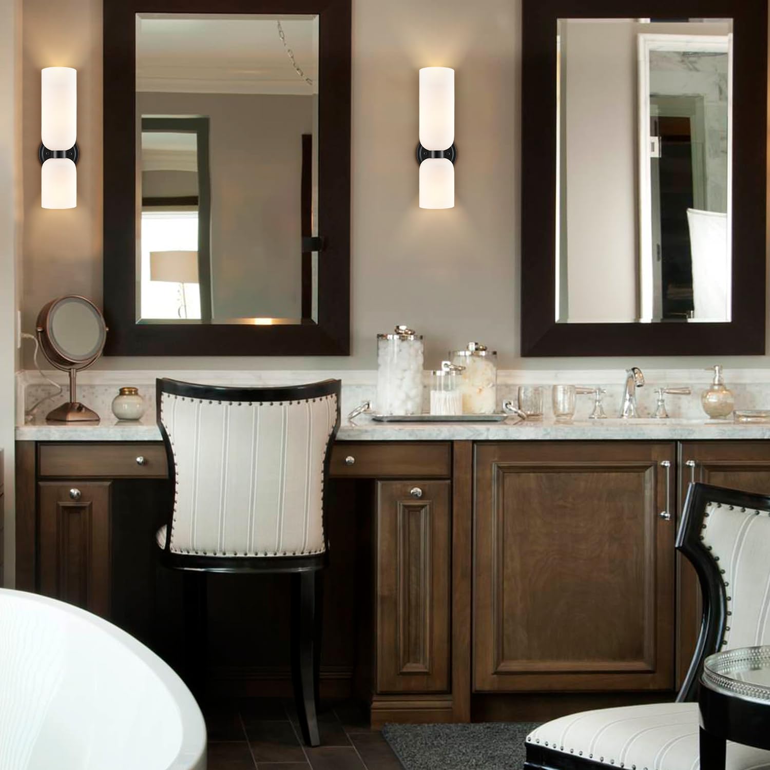 DEYNITE Black Wall Sconces Set of Two, 2-Light Modern Vanity Light with Milky White Glass, Model B3216-2BU-BK-N-2