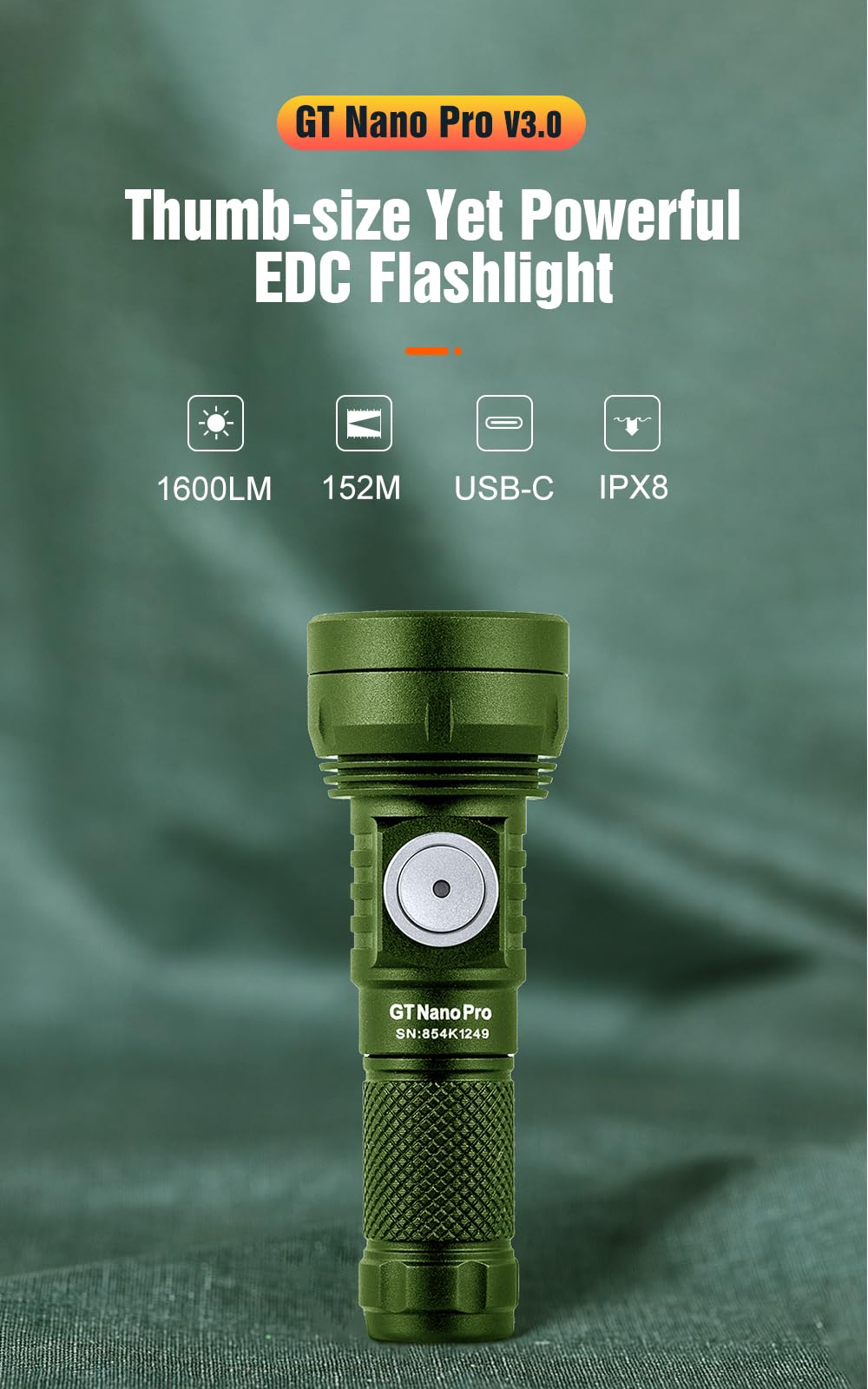 Lumintop Gt Nano Pro3.0 Keychain Flashlight 1600 Lumens Mini Flashlight 152 Meters Beam Distance, Rechargeable Battery (Green)