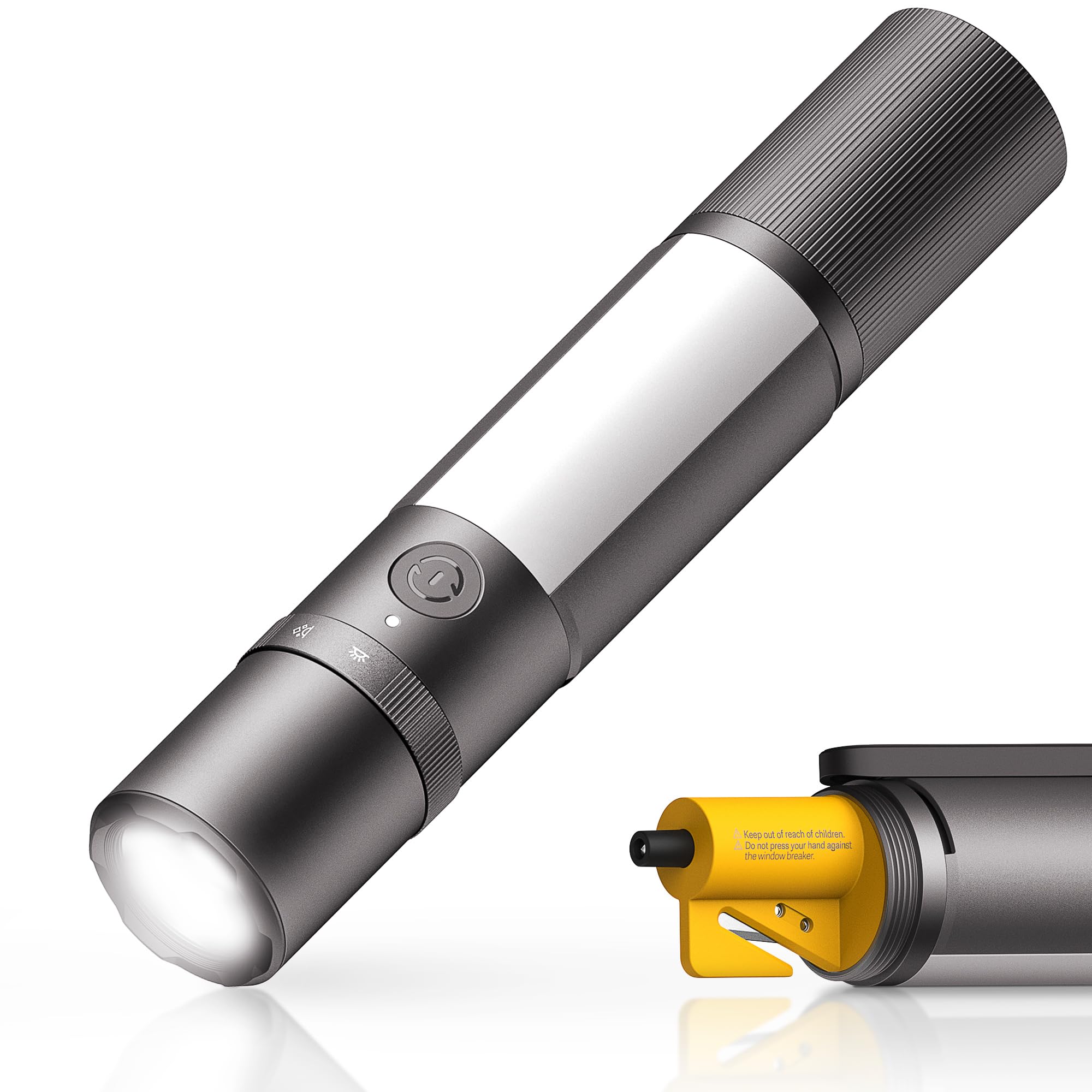 HOTO Emergency Flashlight Rechargeable, Magnetic LED Flashlight High Lumens with Window Glass Breaker Seatbelt Cutter, Zoomable 