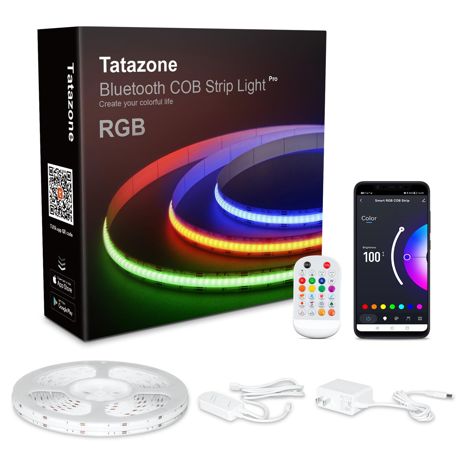 Tatazone 32.8ft Bluetooth RGB COB Led Strip Lights with Remote, Dimmable Smart App Led COB Light Strip, Color Changing Music Syn