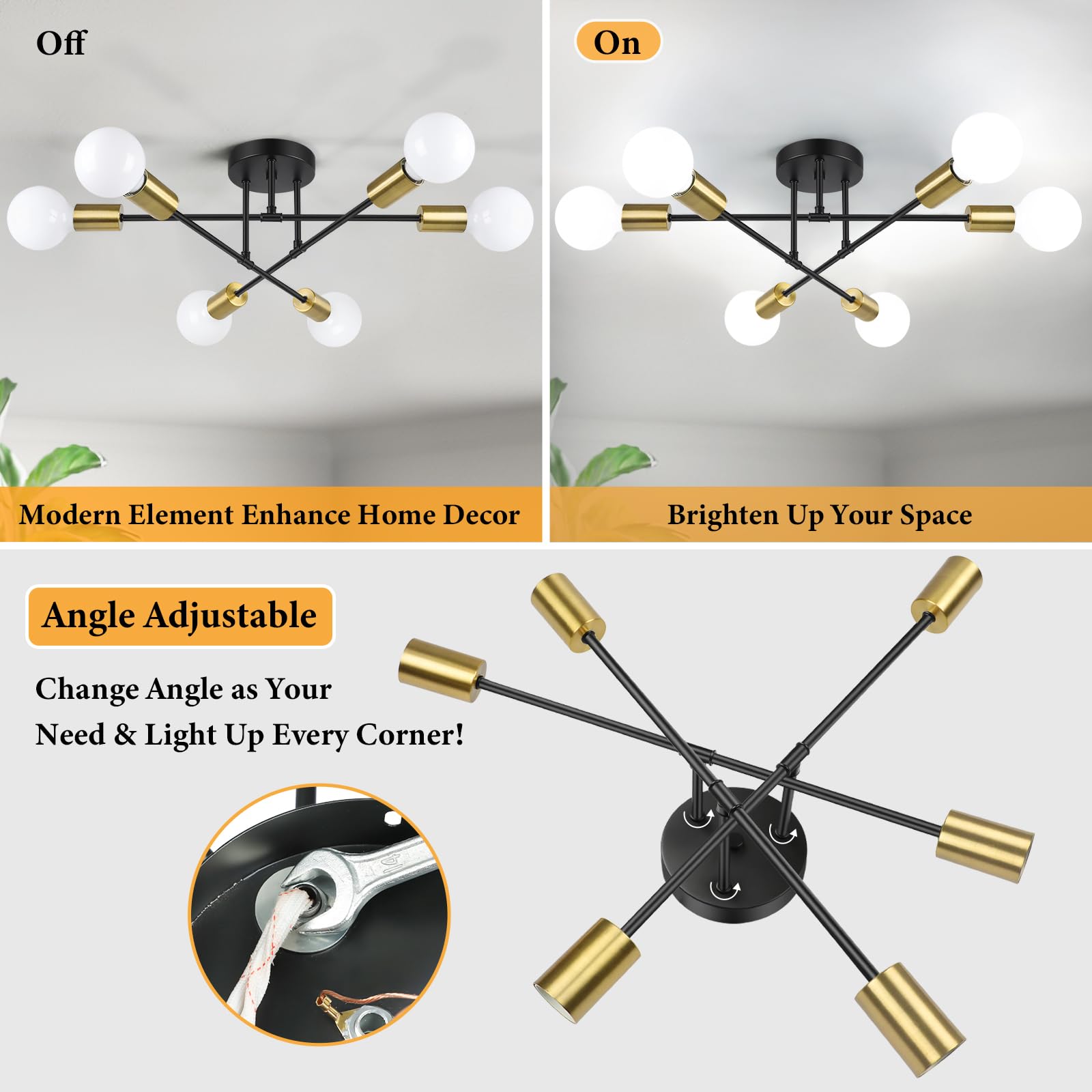 Modern Sputnik Chandelier, 6-Light Farmhouse Semi Flush Mount Ceiling Light Fixtures, Industrial Chandeliers For Dining Room Kit
