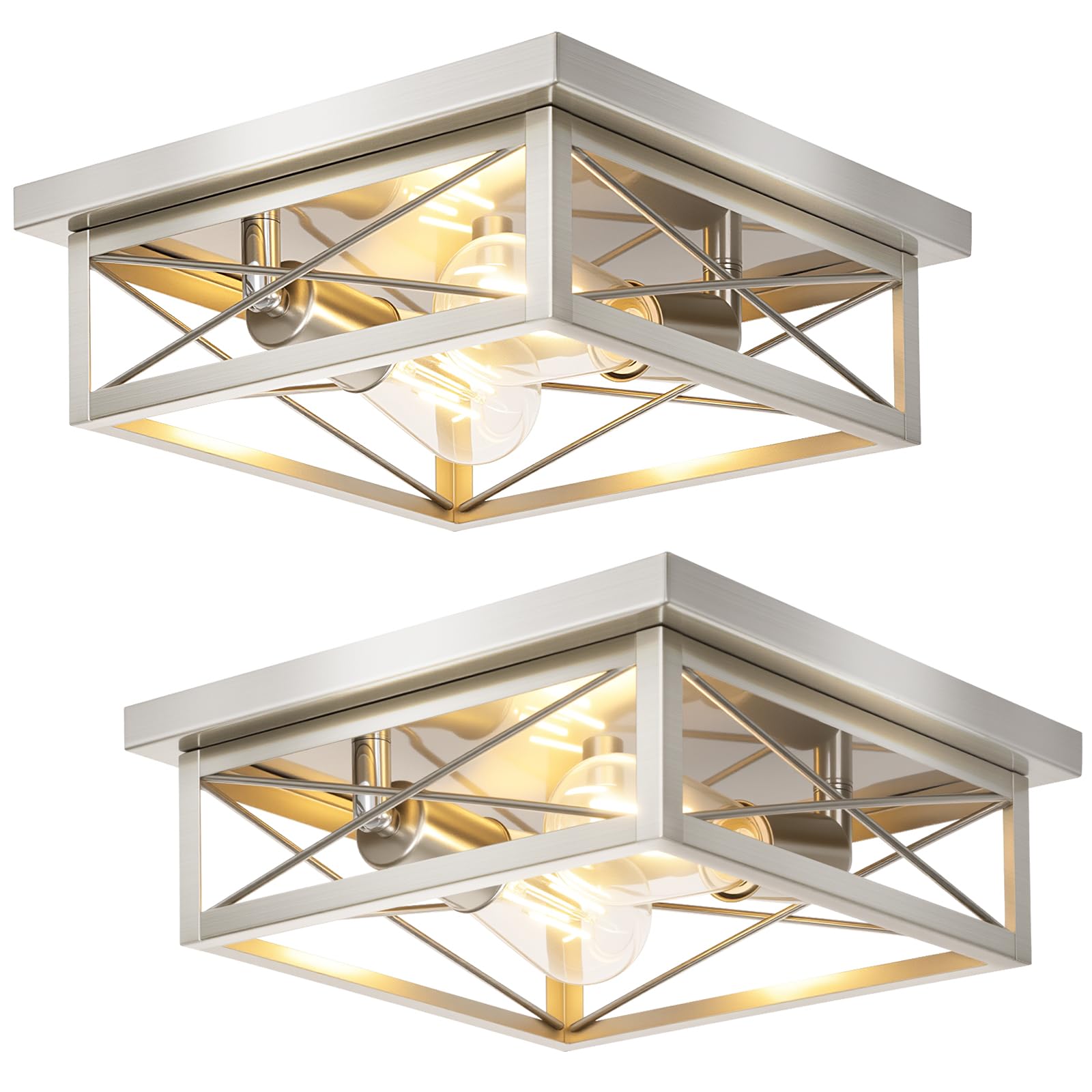 Kondras Brushed Nickel 2-Light Flush Mount Ceiling Lights, Metal, 2-Pack, Square Design for Bedroom, Living Room, Entryway