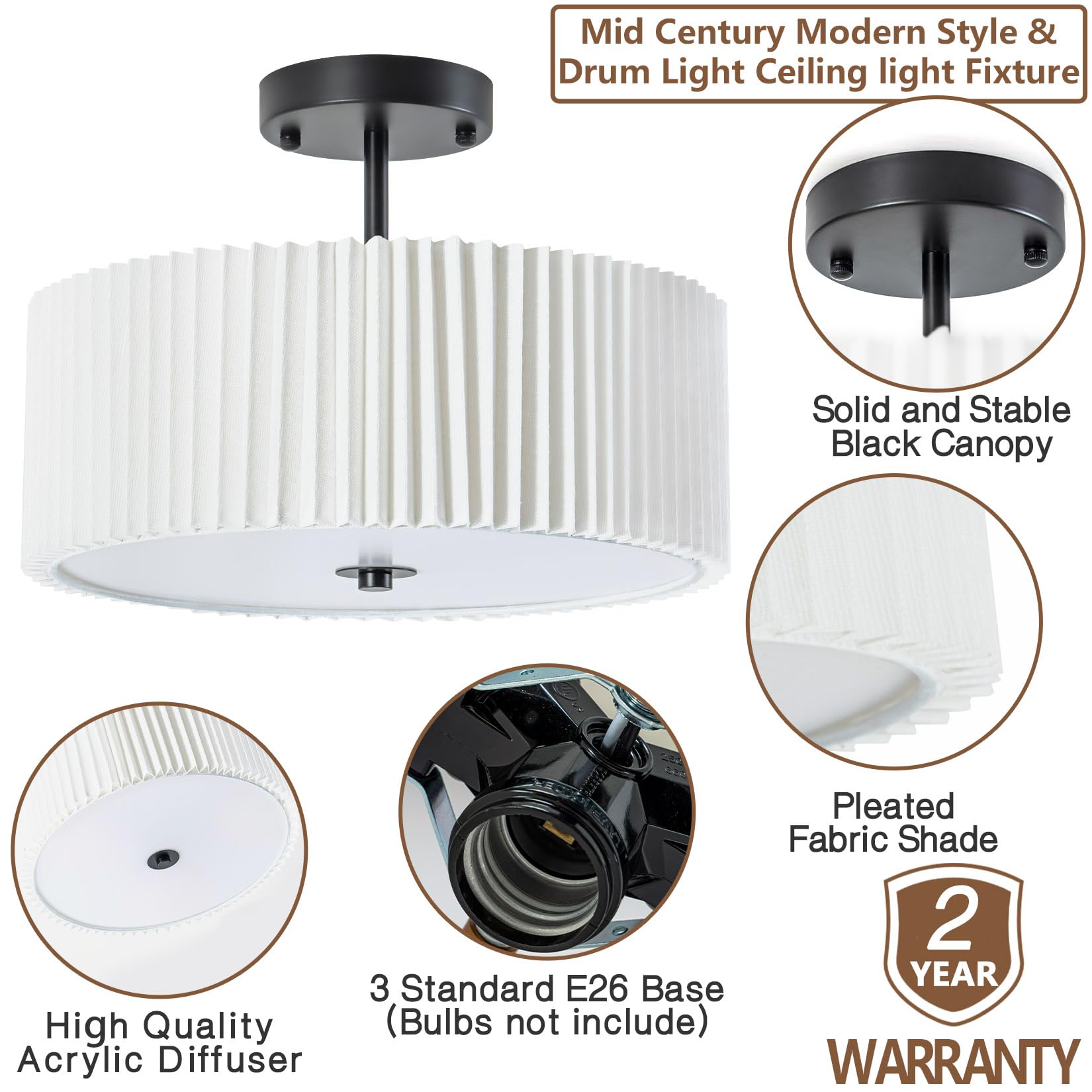 Bargeni Semi Flush Mount Ceiling Light,12.5 Inch Ceiling Light Fixture,Black Flush Mount Light Fixture With Pleated Fabric Drum
