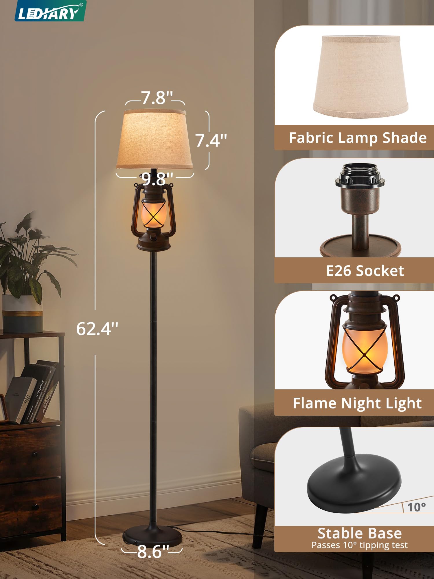 LEDIARY LED Flashing Flame Night Lantern Floor Lamp, Rustic Bronze with Beige Linen Shade, Perfect for Living Room & Bedroom Decor