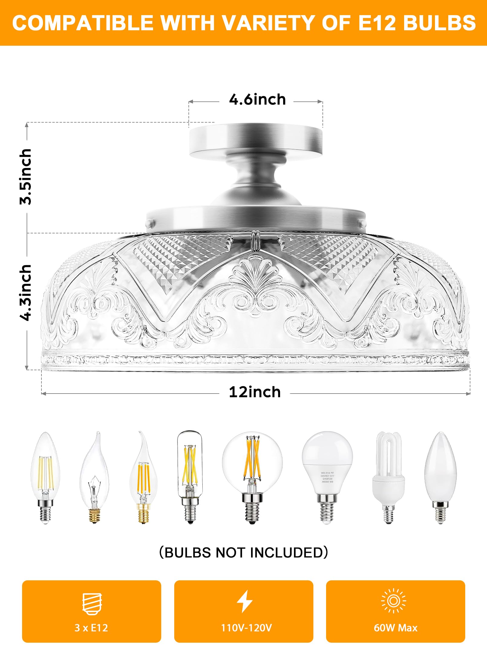 Slypadan Semi Flush Mount Ceiling Light, 12 Inch Large Silver Ceiling Light Fixture, 3-Light Globe Glass Farmhouse Kitchen Light