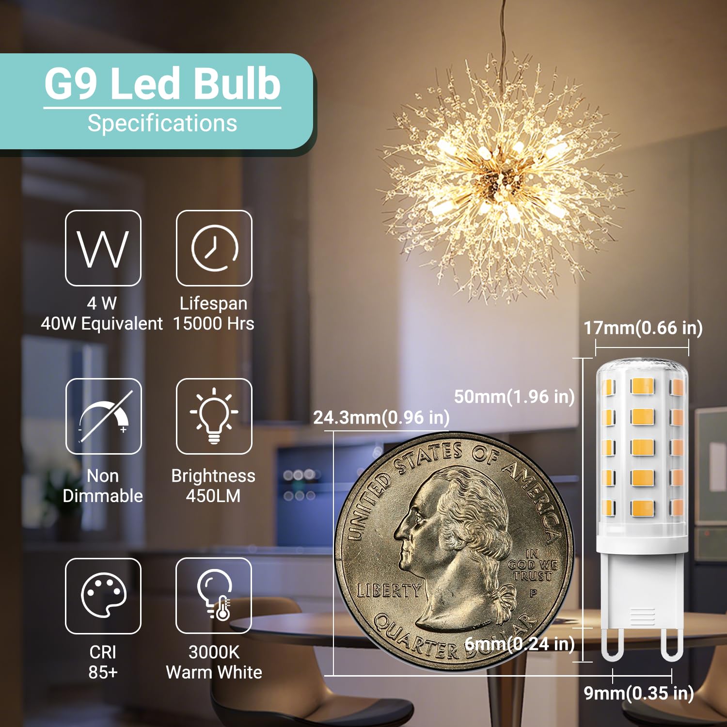 Tjoy 20 Pack G9 Led Bulb 4W, 40 Watt Equivalent Halogen, 3000K Warm White Chandelier Light Bulbs, T4 G9 Bi-Pin Base For Crystal