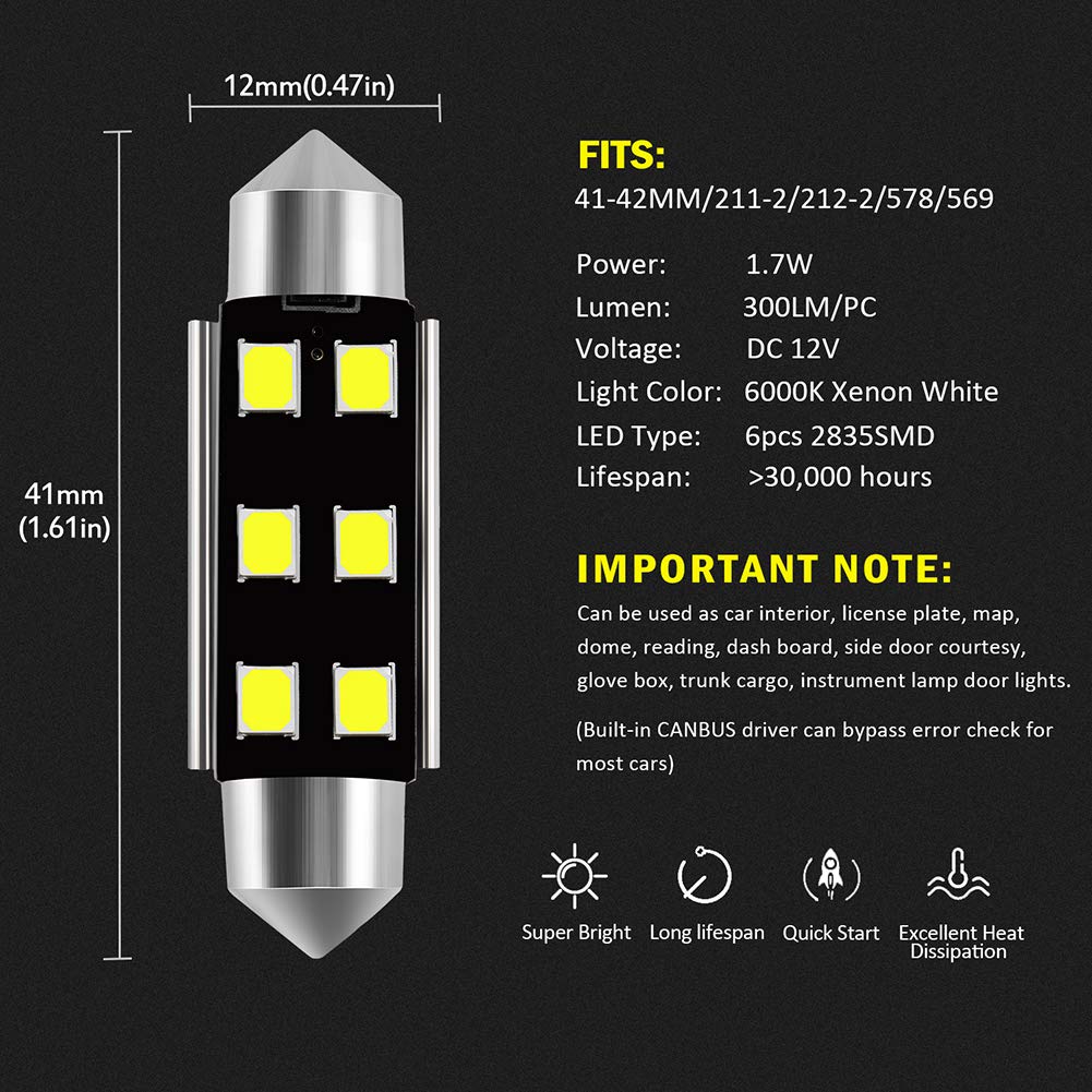AUXLIGHT Festoon LED Interior Light Bulbs 41MM 6000K Xenon White Pack of 6
