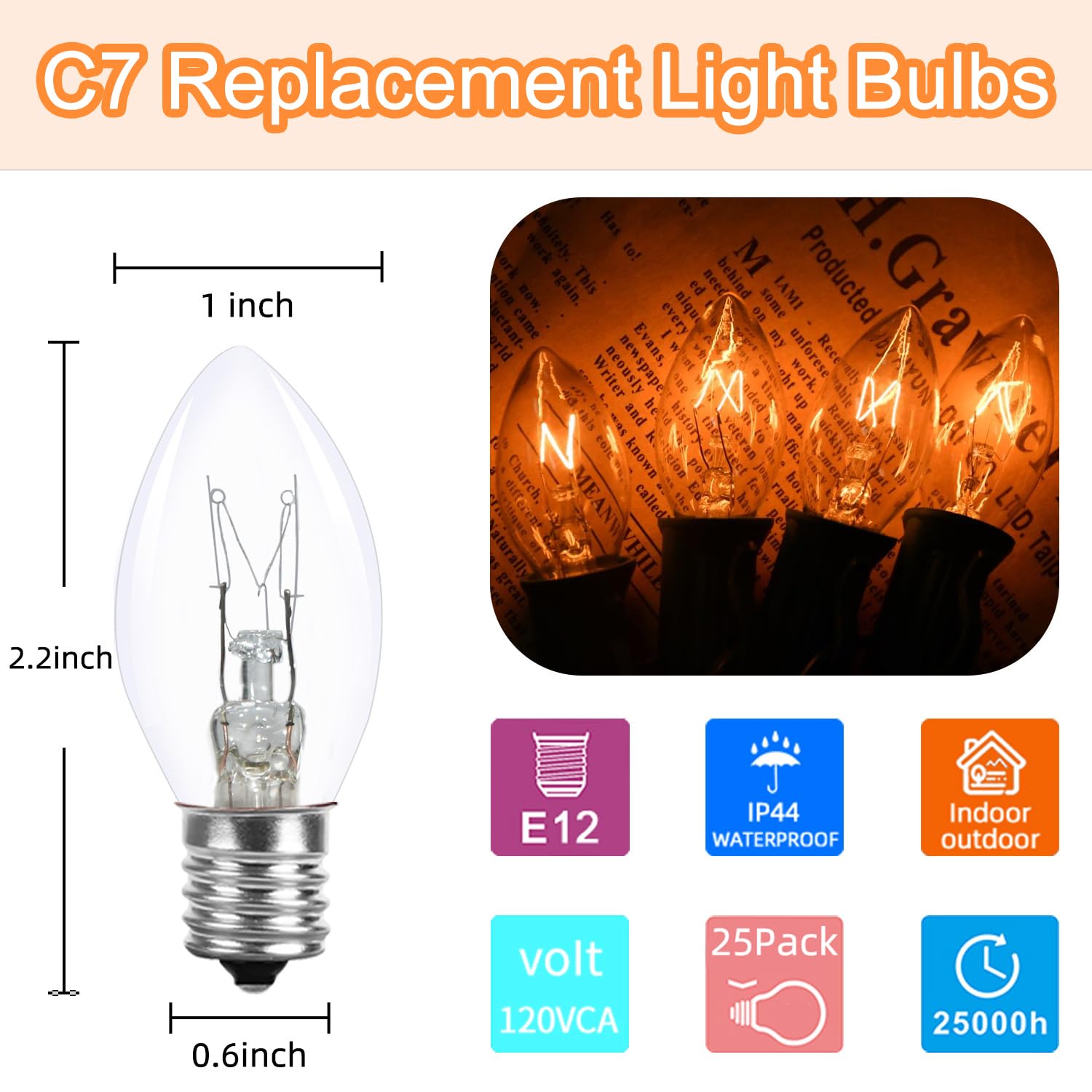 25 Pack C7 Christmas Light Bulbs C7 Clear Replacement Bulbs Nightlight Bulbs Incandescent Light Bulbs For Christmas Village Hous