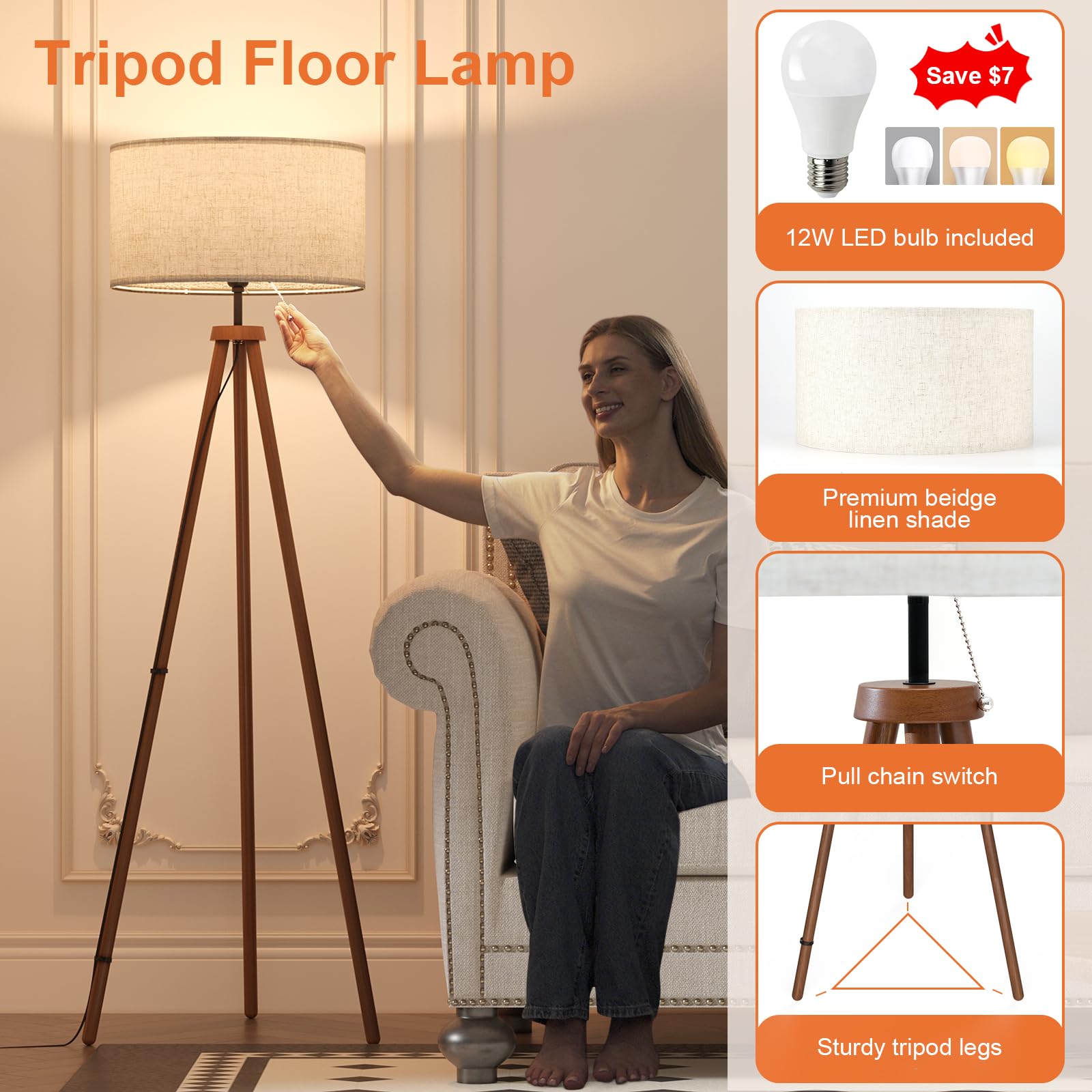 Litehistory Wood Tripod Floor Lamps For Living Room, Bedroom, And Office,Standing Lamp With Beige Linen Shade, 12W Three-Color B