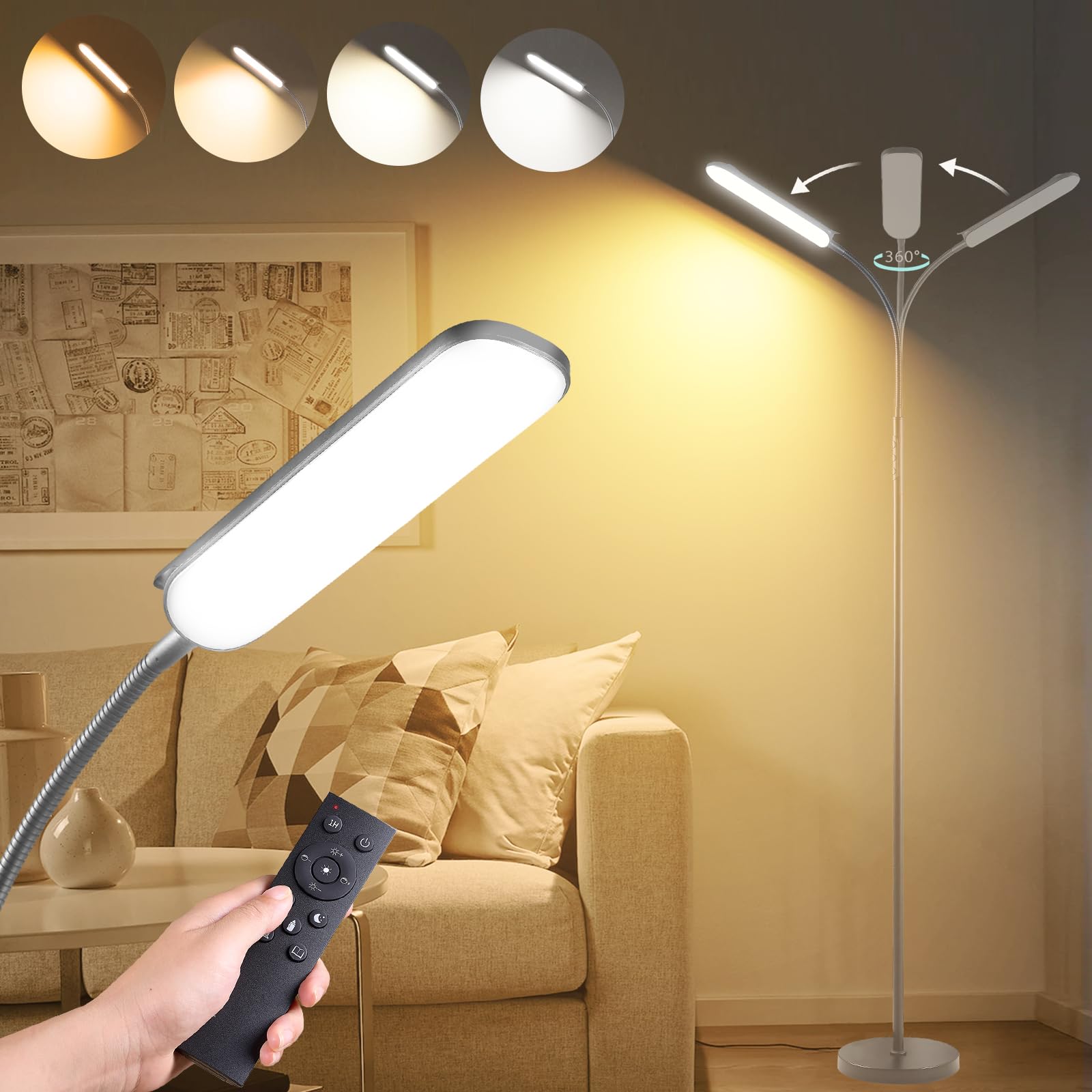 Marctronic Grey LED Floor Lamp, 18W 1800LM Bright, Remote Controlled, Dimmable, Eye-Caring Reading Light for Living Room, Bedroo