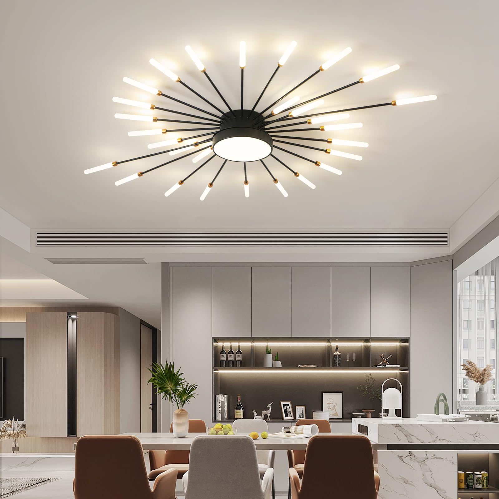 Ziidoo Modern Ceiling Light  28+1 Lights Metal Firework Designed Chic Led Lighting Fixture For Farmhouse Kitchen Dining Room Bedroom Hallway Living Room (Black)