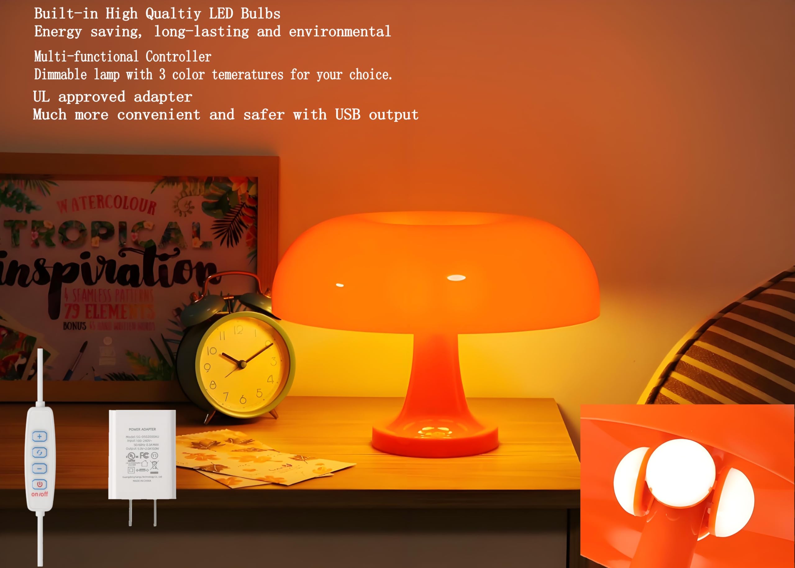 Joanajo Orange Mushroom Lamp Dimmable Mushroom Table Lamp With 3 Lighting Modes Plug Donut 70S Retro Mid Century Lamp For Room A