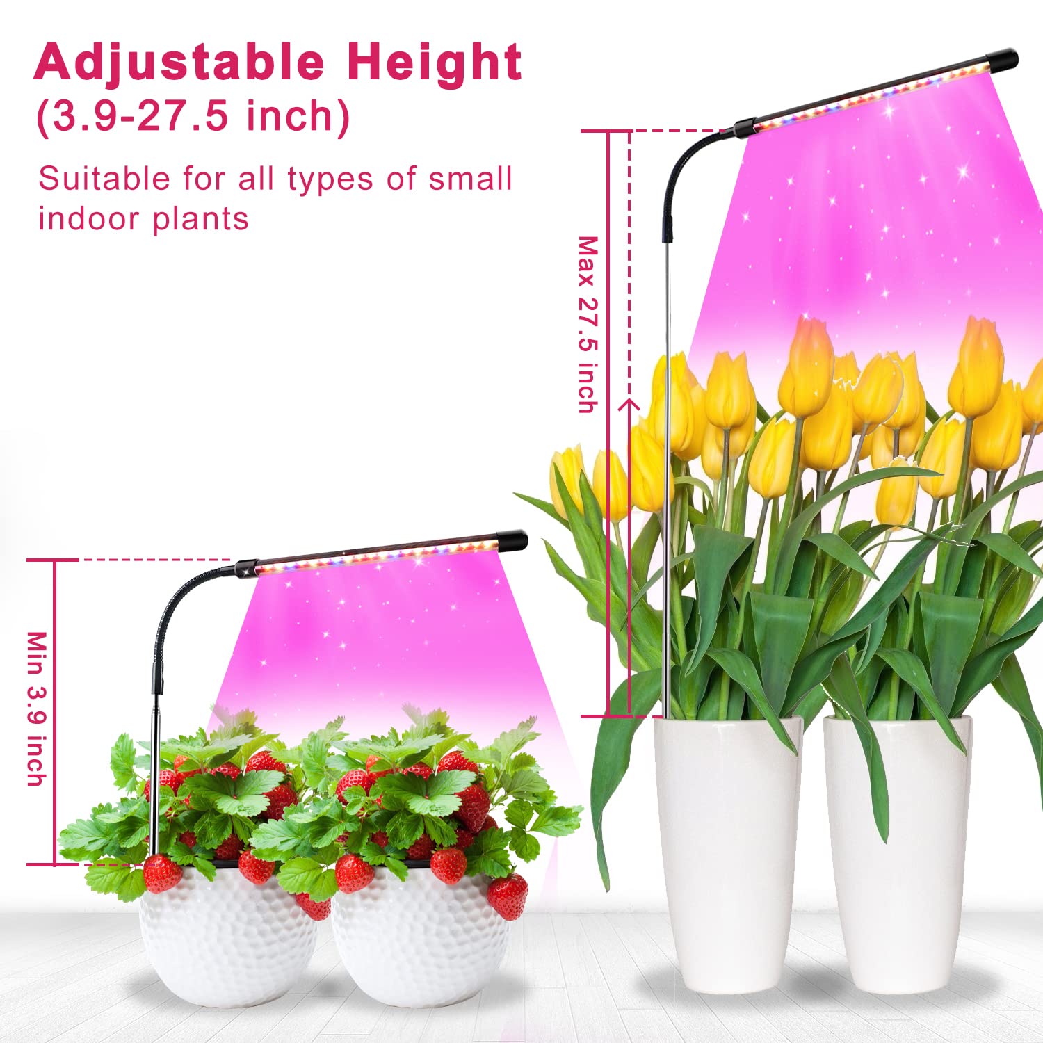 Lpmzmbl Full Spectrum Height Adjustable Grow Lights With Auto On/Off Timer 3/9/12H,10 Dimmable Brightness For Indoor Plants Growing(2 Pack)